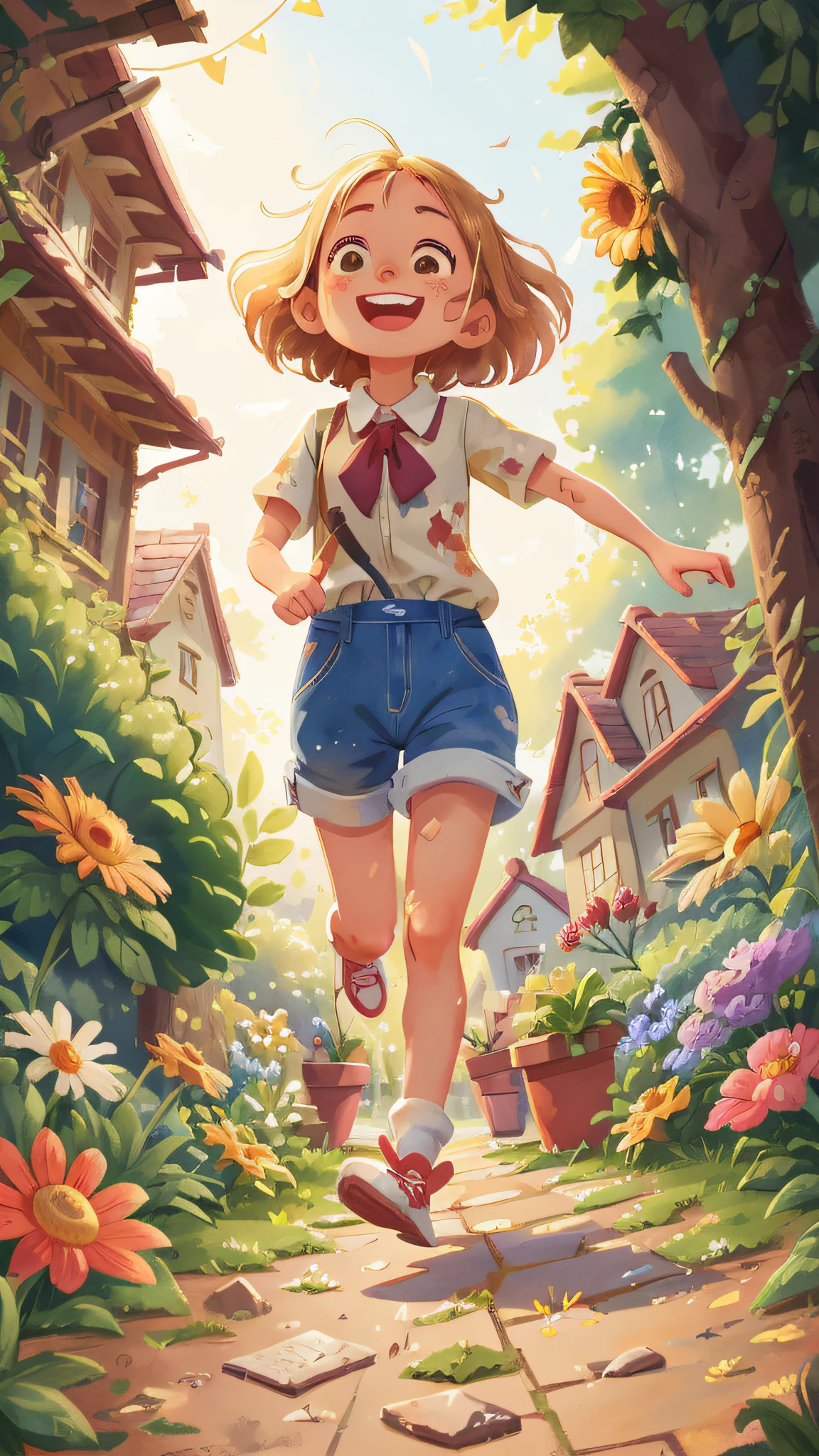 Watercolour. Blonde girl, smiling, very cheerful, running through the garden, wearing gardener and white blouse, front view, full body, the background is a beautiful and cozy house in the countryside, garden with flowers, sunny, perfect quality, (mess-house: 0.8), (masterpiece: 1.2) (Realistic: 1.2) (Bokeh) (Best quality) (Detailed Skin: 1.3) (Intricate Details) (8K) (Detail Eyes) (Sharp Focus), (Unhappy)