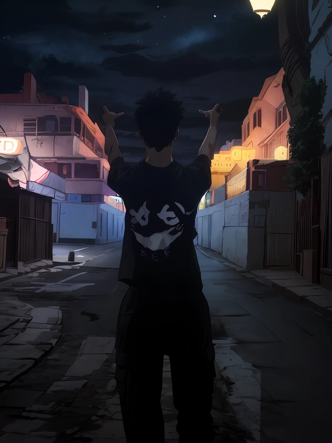 Young with black night clothes on the street good relationship between fingers and polgares quality 8k well-formed fingers