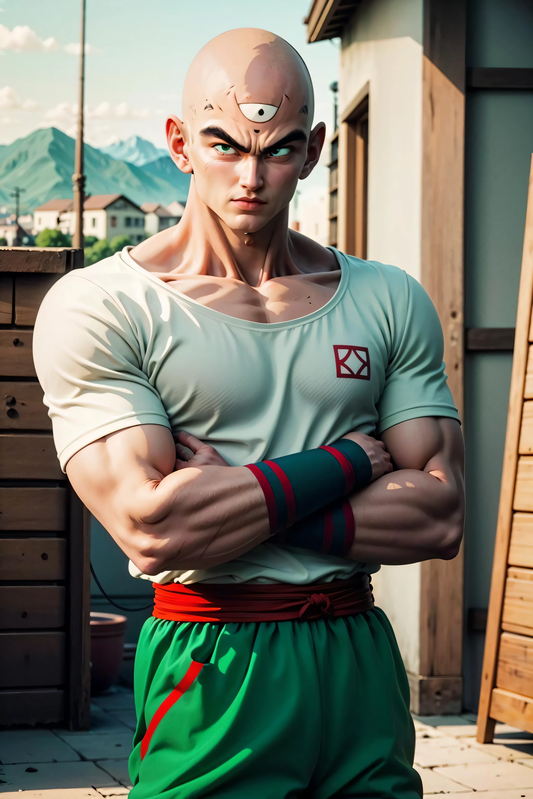 masterpiece, best quality, solo,anime coloring, a cowboy shot of a tien with ((third eye:1.2)) and black eyes, white t-shirt,red sash, green pants, green wristbands, outdoors next to a ring,bald