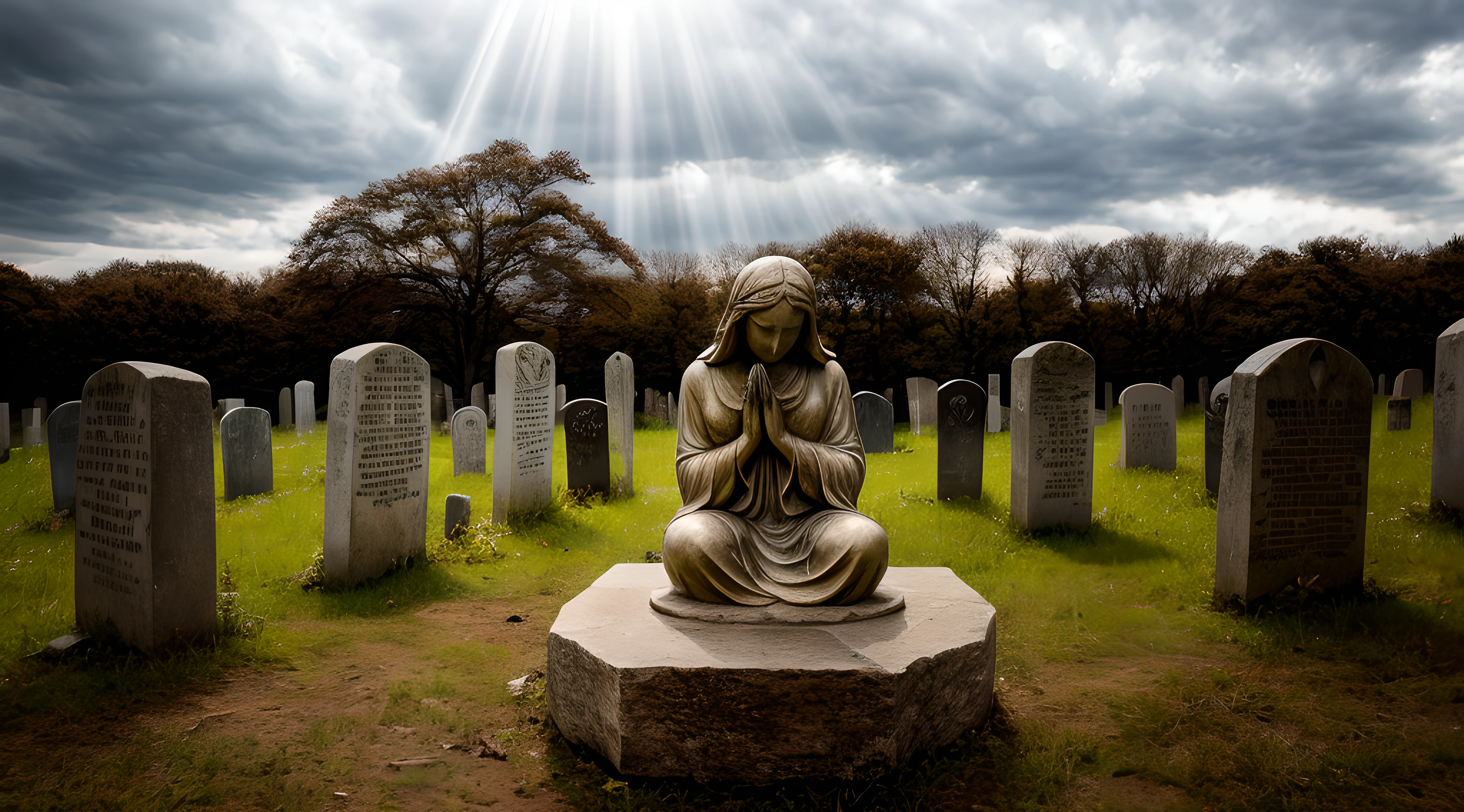 [angel statue on a postament:angel:0.2], praying woman stone statue, [hands closed in prayer], [(angelic wings), robe::0.2], [[overgrowth vegetation]:((overgrowth vegetation)):0.2], serene beautiful face, [overcast sky, god rays:(god rays):0.4], [deserted graveyard ruins, forsaken monastery, forged fence:broken gravestones, (crumbling ruins), (desolation):4], raw photo, Fujifilm XT3, Canon EOS R5, sharp focus, depth of field, [pale colors:ultra detailed, high contrast:0.4]