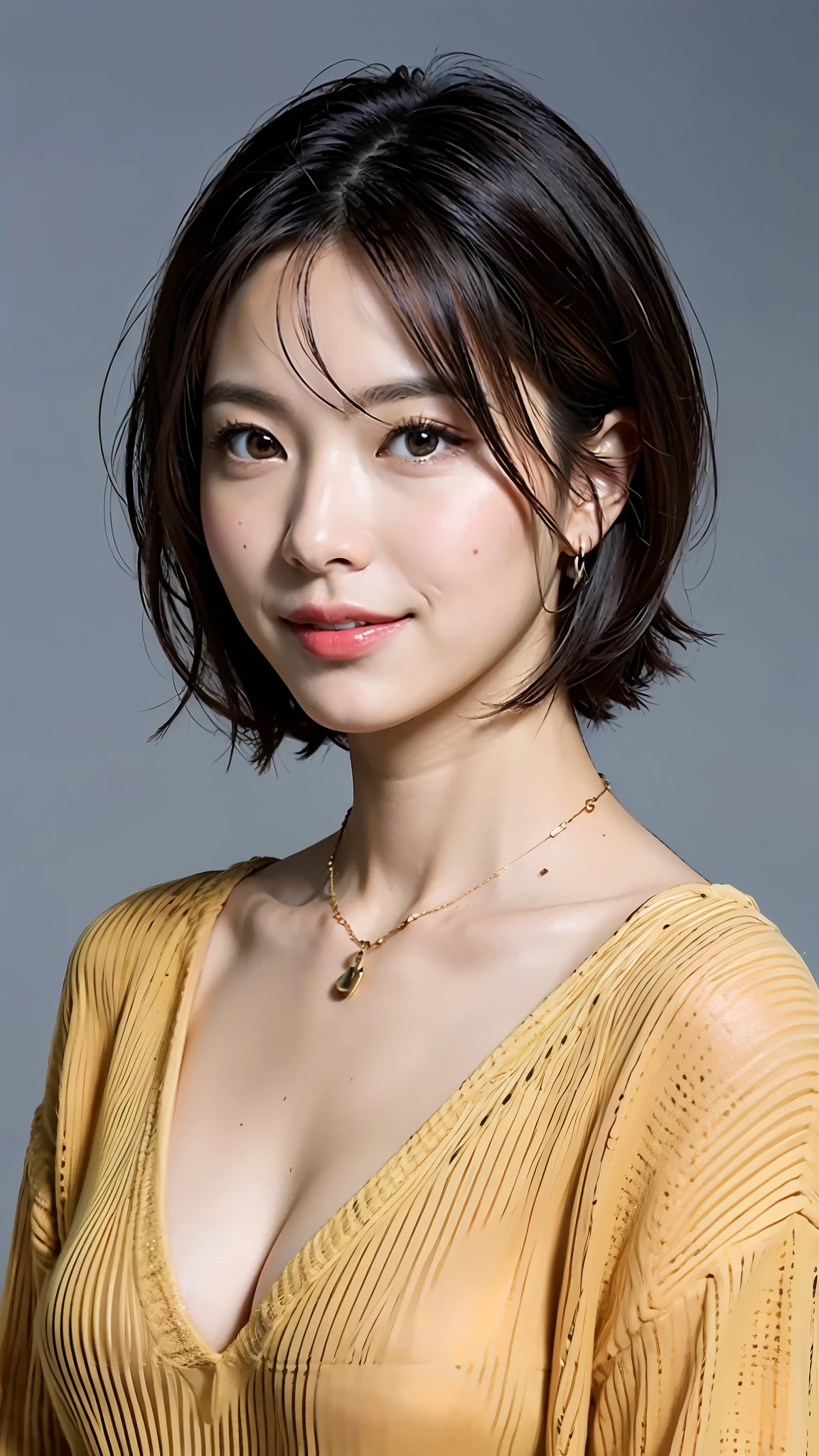 (Best Quality, 8k, 32k, Masterpiece, UHD: 1.2), Cute Japan Woman Pictures, Big, Very Short Bob Hair, Upper Body, (oversized_sweater, :1.1) Necklace, Simple Background, Look Around , Smiling, Park, Plants