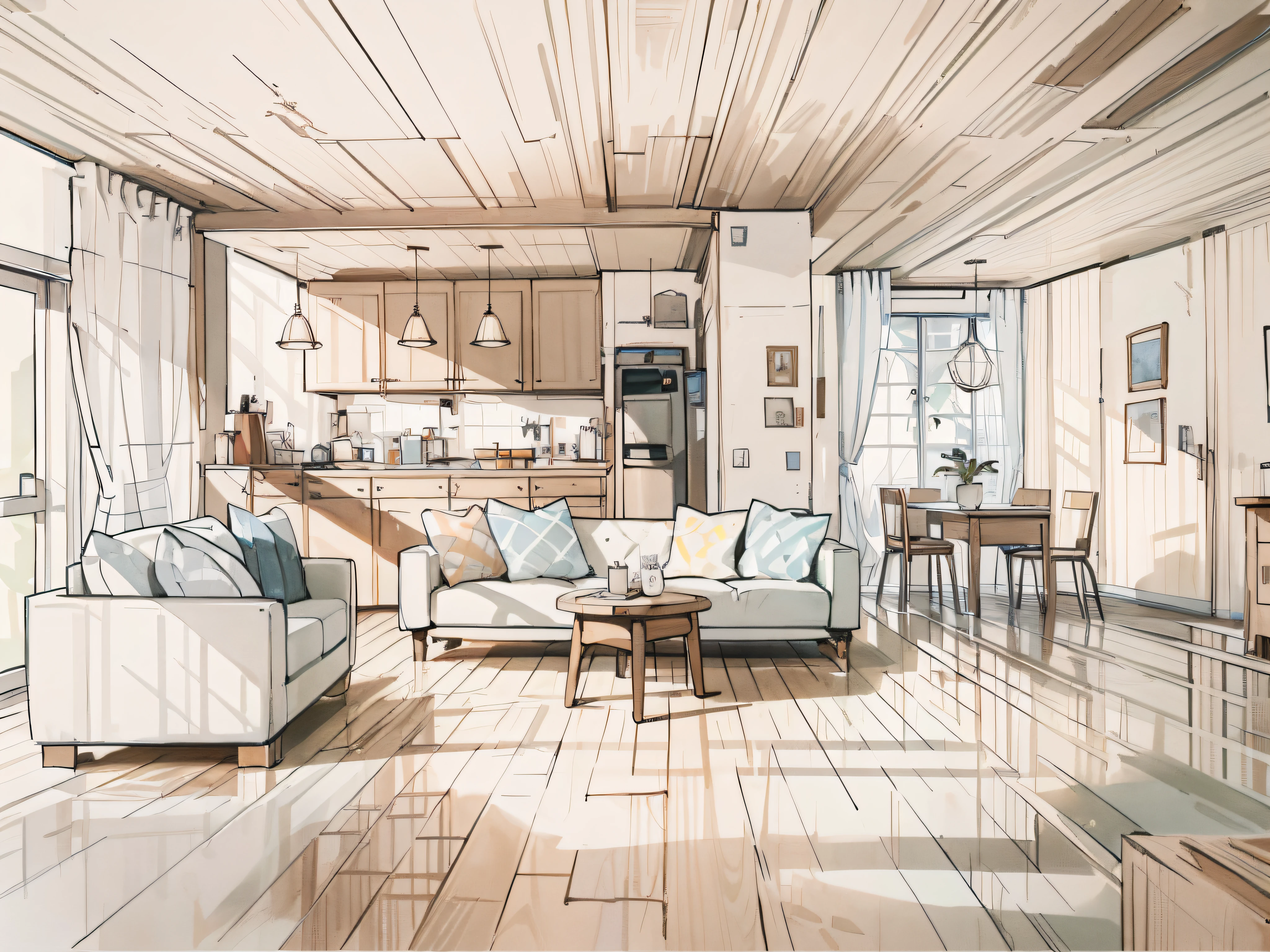 a sketch of a beautiful modern living room, (((foster and partners, artists impression, artistic impression, by Hamish MacDonald, by Carey Morris, by David Brewster, higher detailed illustration, by Helen Berman, an illustration, detailed illustration, by Nick Fudge, by Warren Mahy, artist's impression))), a red kitchen cabinet behind the white sofa, with minimal pictures on the wall,(((white walls))), linen curtain next to the classroom window, coffee table, modern wood, ceiling with magnetic emissive lighting, white fabric PRB textures, wooden floor PRB texture,