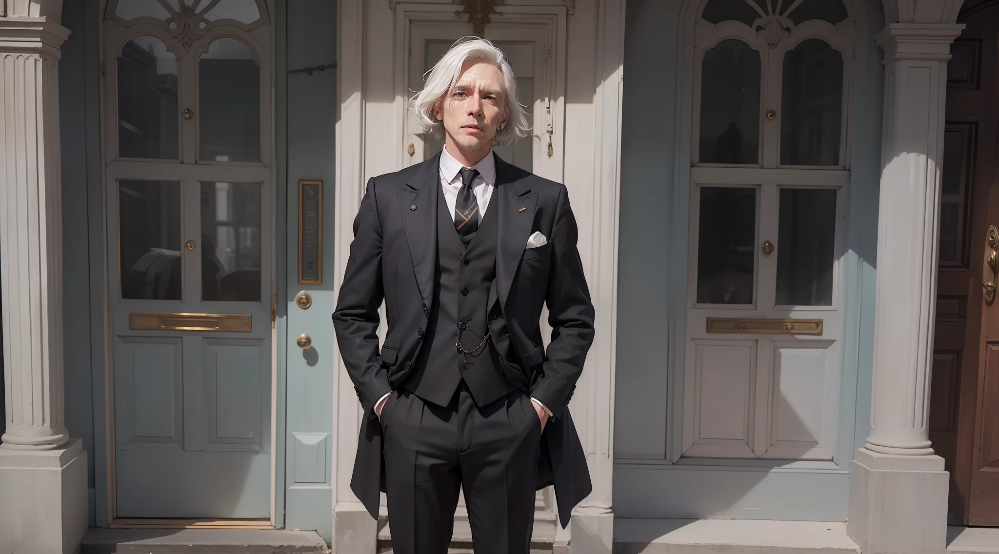 There's a man standing he is 45 years old, white hair without a beard dresses in a black overcoat suit shirt and vest elegant black pants style 20's, peaky blinders, realistic, smokes from the cigarette in front of a mansion with double wooden doors