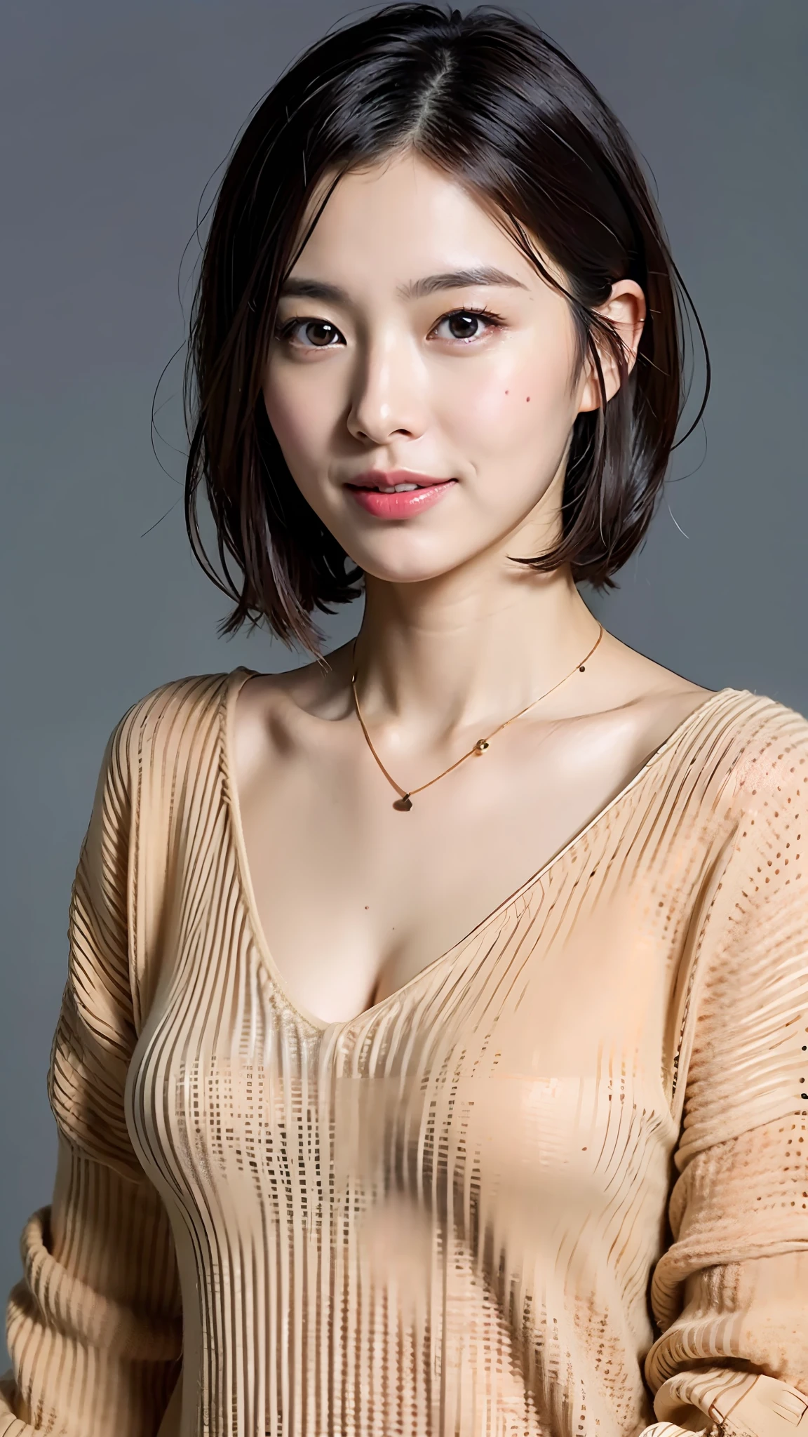(Best quality, 8k, 32k, Masterpiece, UHD:1.2),Photo of Pretty Japanese woman, large breasts, very short bob hair,upper body,(oversized_sweater,:1.1) necklace, simple background, looking at around, smile