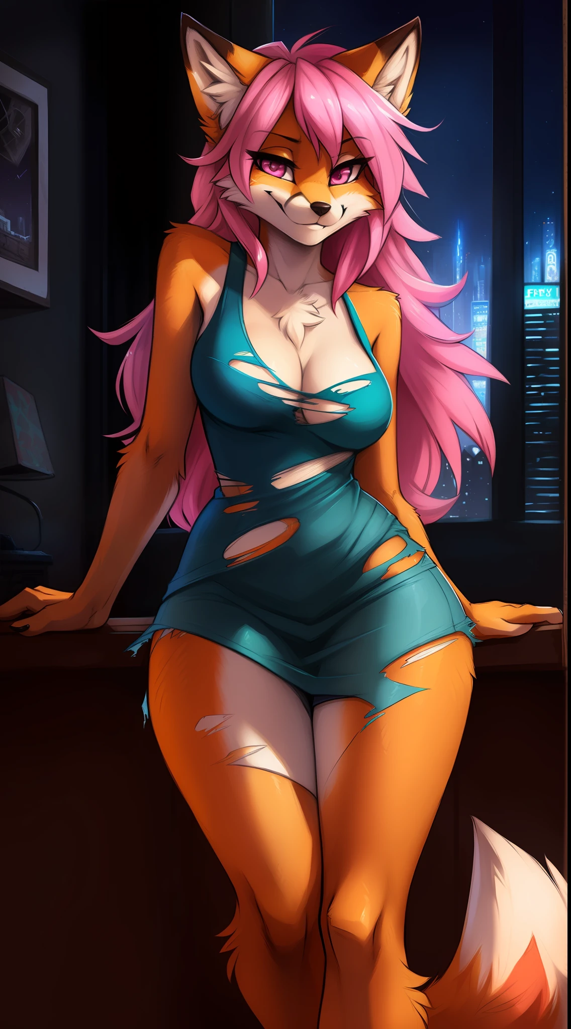 by fluff-kevlar, by Zackary911, by Kenket, by Kilinah, by fluff-kevlar, (((Fox, woman, breasts, antrum, extremely detailed, extremely detailed legs, extremely detailed arms, extremely detailed face, perfectly detailed eyes, perfectly detailed anatomy))): 1.2, solo, perspective, curved thighs, huge thighs, curvature, (tail), night, cyberpunk bedroom, long messy hair, pink hair, pink eyes, smug smile, half-closed eyes, looking at the viewer, blue dress ((torn dress))