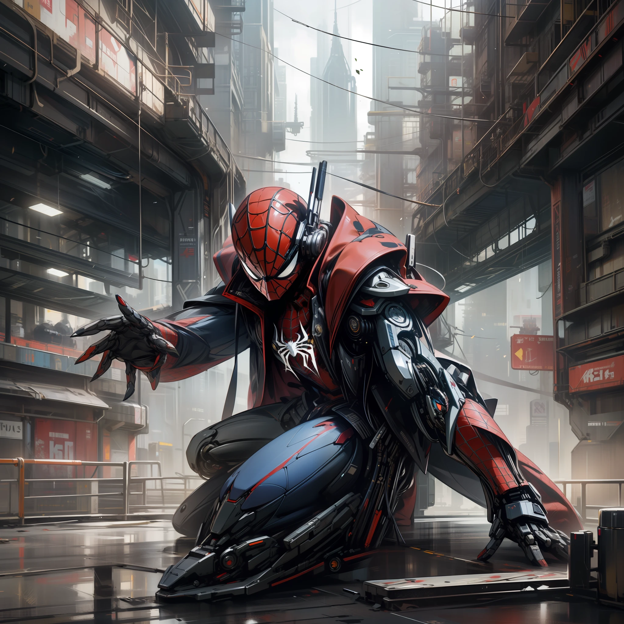digital artwork of a Spiderman-themed mecha, packed with intricate details and vibrant colors. The mecha should embody the essence of Spiderman, with its design inspired by his iconic red and blue suit. Pay attention to the mechanical components, incorporating elements reminiscent of spider legs or web-like patterns. Add dynamic poses and fluid lines to convey a sense of agility and strength. Use lighting effects to enhance the metallic surfaces and create a sense of depth. Show the mecha in a dynamic action scene, capturing the excitement and energy of Spiderman's adventures. Overall, create a visually captivating and highly detailed digital artwork that combines the world of Spiderman with the futuristic aesthetics of a mecha