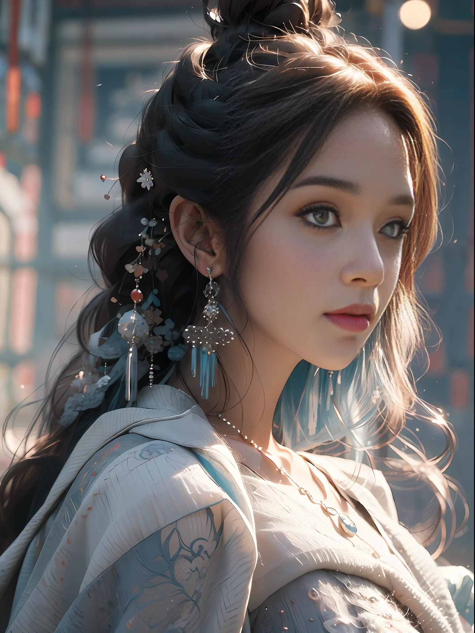 Close-up of a woman in a silver blue dress, Cheng Weipan Art Station, Xiuxian Technology Sense, Ice and Snow Beauty, Gauze Sleeves, Detailed Fantasy Art, Stunning Character Art, Epic Exquisite Character Art, Beautiful Armor, Extremely Detailed Art Sprout, Detailed Digital Animation Art, Art Station Pixiv on Artgerm, Armor Girl, Exquisite Intricate Headdress and Jewelry
