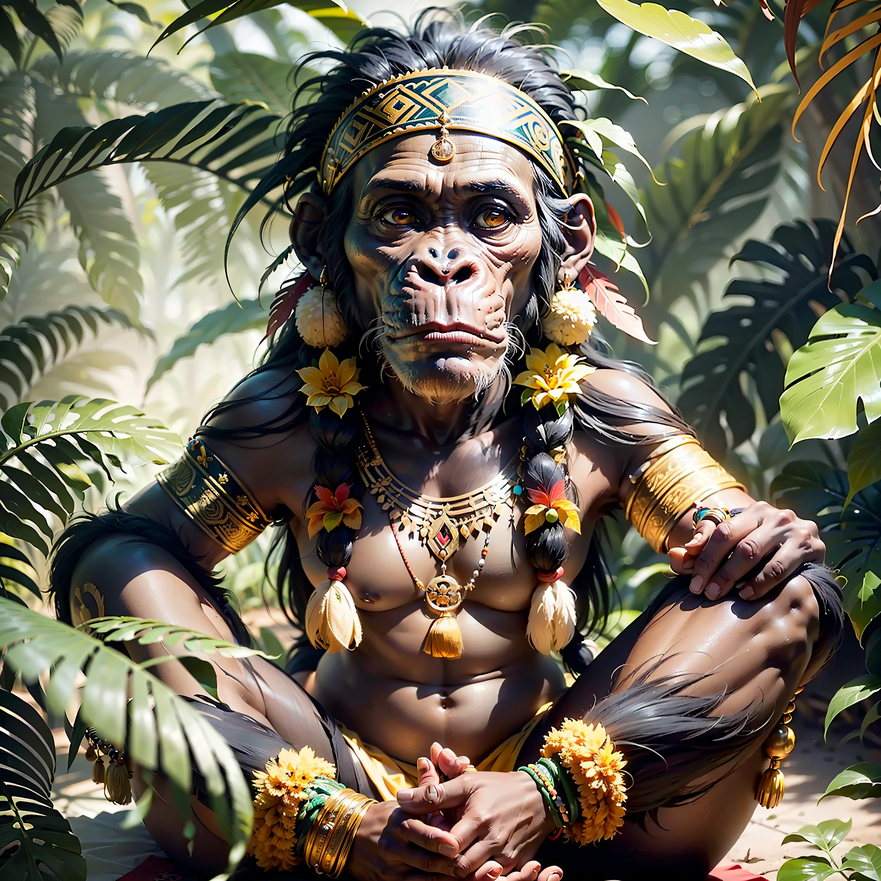 Chimpanzee ((Indian),, ((with praying hands)),, chimpanzee hands, hair with details, with indigenous headdress on the head, ((meditating)) colorful feathers, facing the camera, detail: sitting in the middle of dense tropical foliage, highly detailed intricate, ((masterpiece)), ultra hyperrealistic, masterpiece