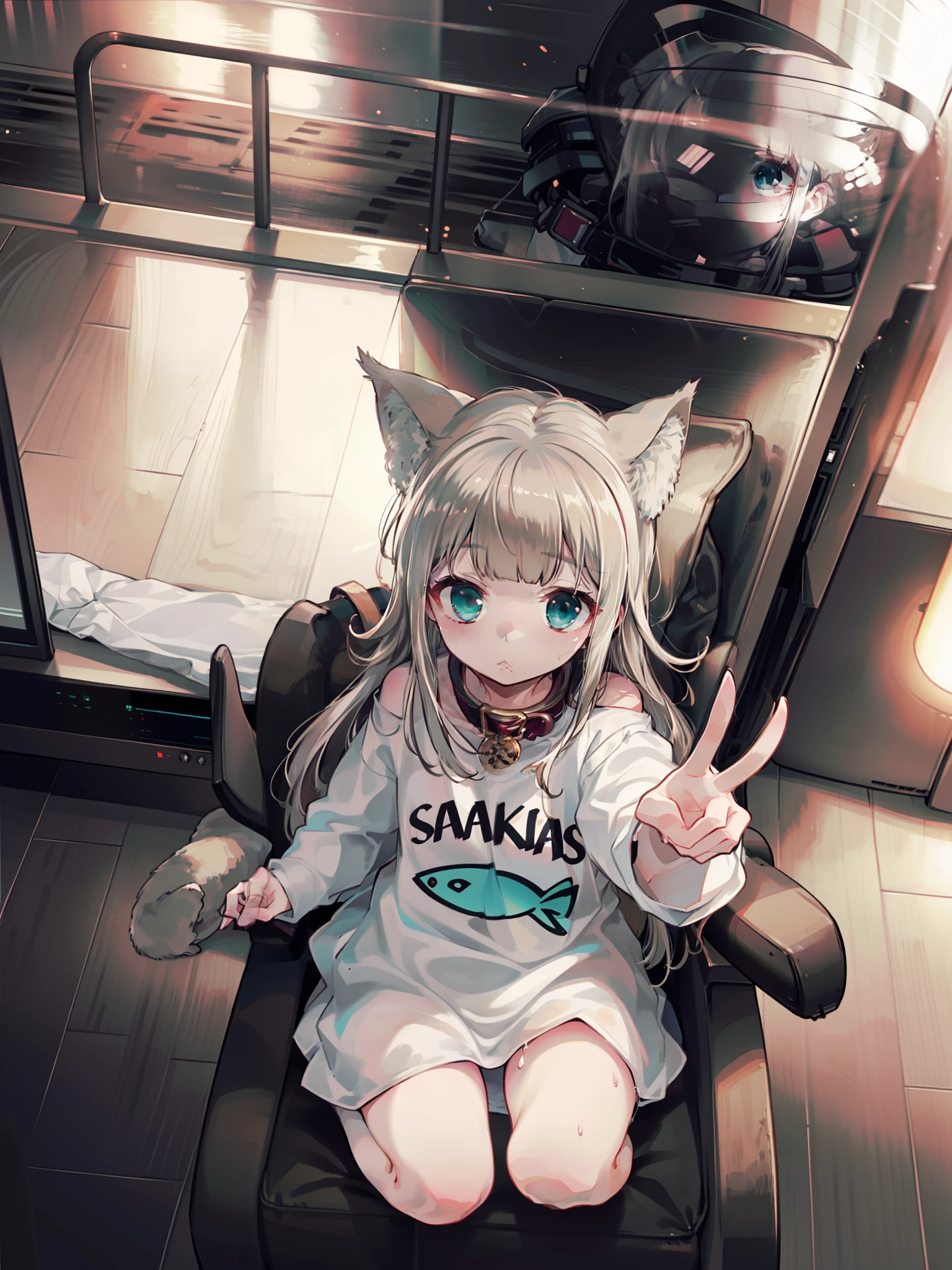 White hair, blue eyes, cat lady, few clothes, very short clothes, transparent clothes, wet clothes with water, cute girl, blushing, shy expression, pouting, puffing out cheeks, big eyes, looking up