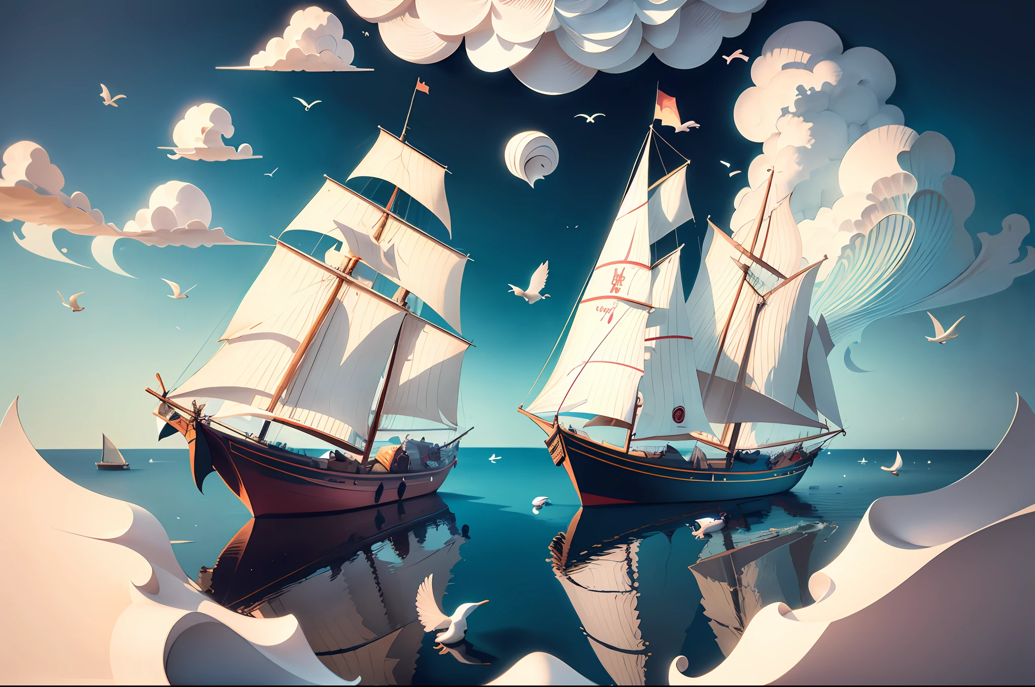 (Best quality, Masterpiece:1.3), illustration, 1 sailboat, sea, blue sky, paper_cut,