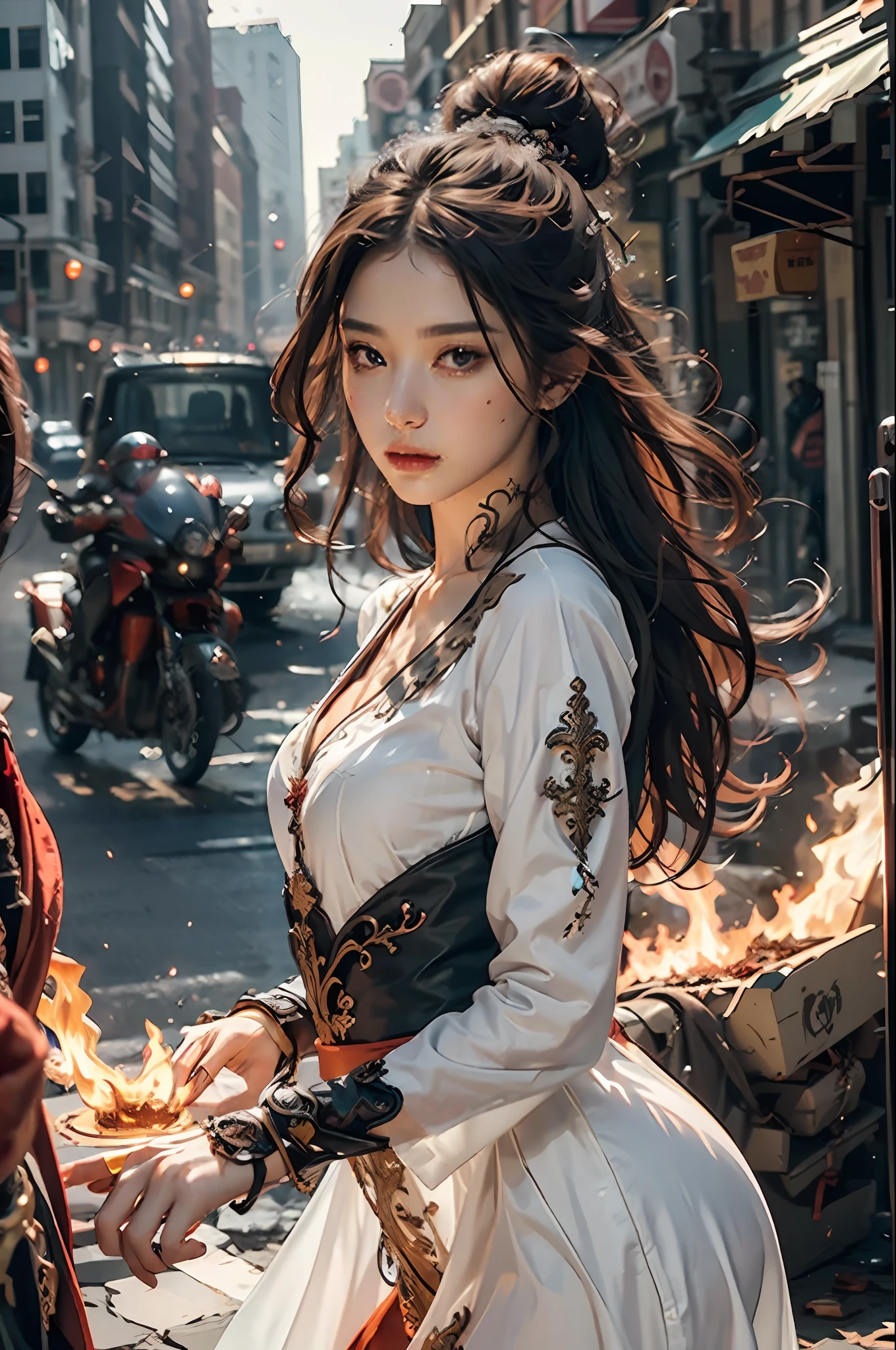 {{master piece}}, pinnacle rendering, realistic rendering, dark red rendering, metal rendering, {{color ink painting}}}, {{splash ink}}}, {{color}}, {{color}}, gorgeous rendering, best quality, illustration, flame, smoke, doomsday world, splash ink fire sea doomsday, full body, 1 girl, exquisite facial details, delicate facial features, real face, beautiful details eyes, deep pupils, broken city details, beautiful details long hair, Wave of hair, broken details of streets, transparent mechanical core, cyborg girl, details, cool, tight grooming, lace retouching, linear light costume retouching, light rendering, reflection, highlight, holy light, confidence, charm, battle stance detail close-up, fire day, {filigree}, colored background, a dragon stands behind the girl, sea of fire, {tornado special effects}, beautiful details purple dragon armor, (cold face, confident) great depth, depth of field, 360° panoramic picture, fierce and magnificent battle scenes, broken mirrors, fingers all hidden and not displayed, small mouth closed