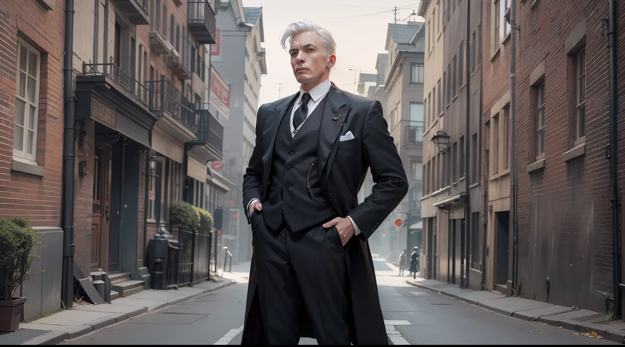 There's a man standing he is 45 years old, white hair without a beard dresses in a black overcoat suit shirt and vest elegant black pants style 20's, peaky blinders, realistic, smokes from cigarettes, armed with a Tompson machine gun, full body image, villain pose, in front of a mansion with double wooden doors