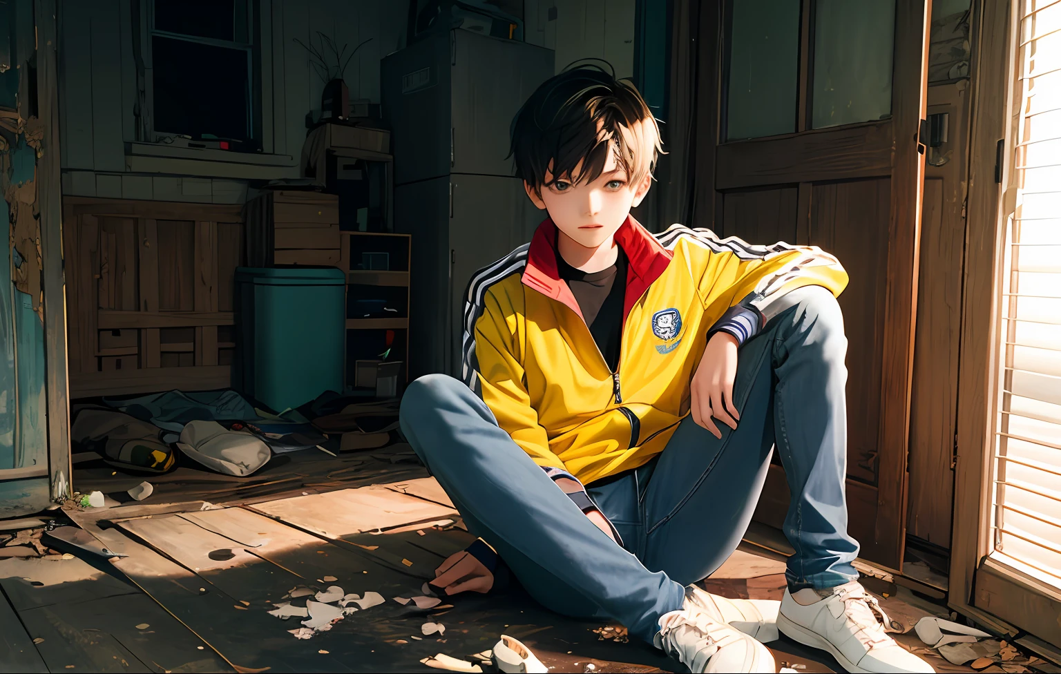 1boy, 14 years old, teenager, Olympic jacket, jeans, sitting in an abandoned house, (((masterpiece))), evening