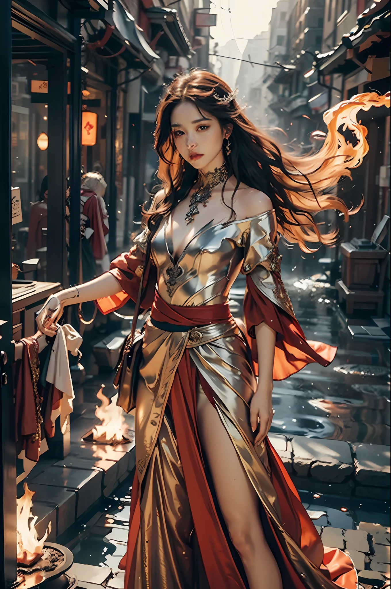 {{master piece}}, pinnacle rendering, realistic rendering, dark red rendering, metal rendering, {{color ink painting}}}, {{splash ink}}}, {{color}}, {{color}}, gorgeous rendering, best quality, illustration, flame, smoke, doomsday world, splash ink fire sea doomsday, full body, 1 girl, exquisite facial details, delicate facial features, real face, beautiful details eyes, deep pupils, broken city details, beautiful details long hair, Wave of hair, broken details of streets, transparent mechanical core, cyborg girl, details, cool, tight grooming, lace retouching, linear light costume retouching, light rendering, reflection, highlight, holy light, confidence, charm, battle stance detail close-up, fire day, {filigree}, colored background, a dragon stands behind the girl, sea of fire, {tornado special effects}, beautiful details purple dragon armor, (cold face, confident) great depth, depth of field, 360° panoramic picture, fierce and magnificent battle scenes, broken mirrors, fingers all hidden and not displayed, small mouth closed