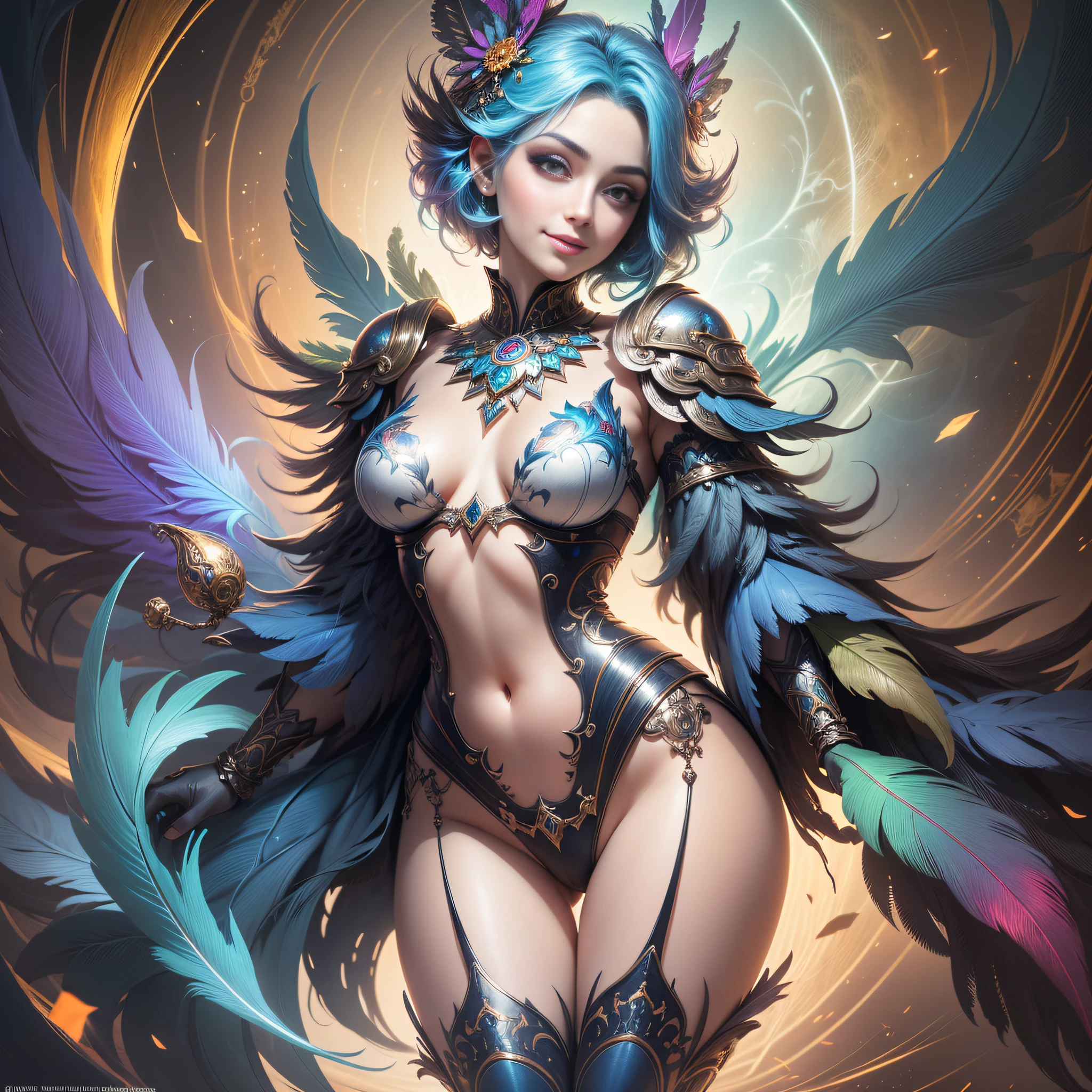 Woman with blue hair and colorful feathers, colorful digital fantasy art, colorful digital art, fantasy art style, beautiful digital artwork, 4K highly detailed digital art, peeking breasts, big eyes, light smile, 8k, very fine face, delicate lips, delicate eyes, double eyelids, long and slender legs