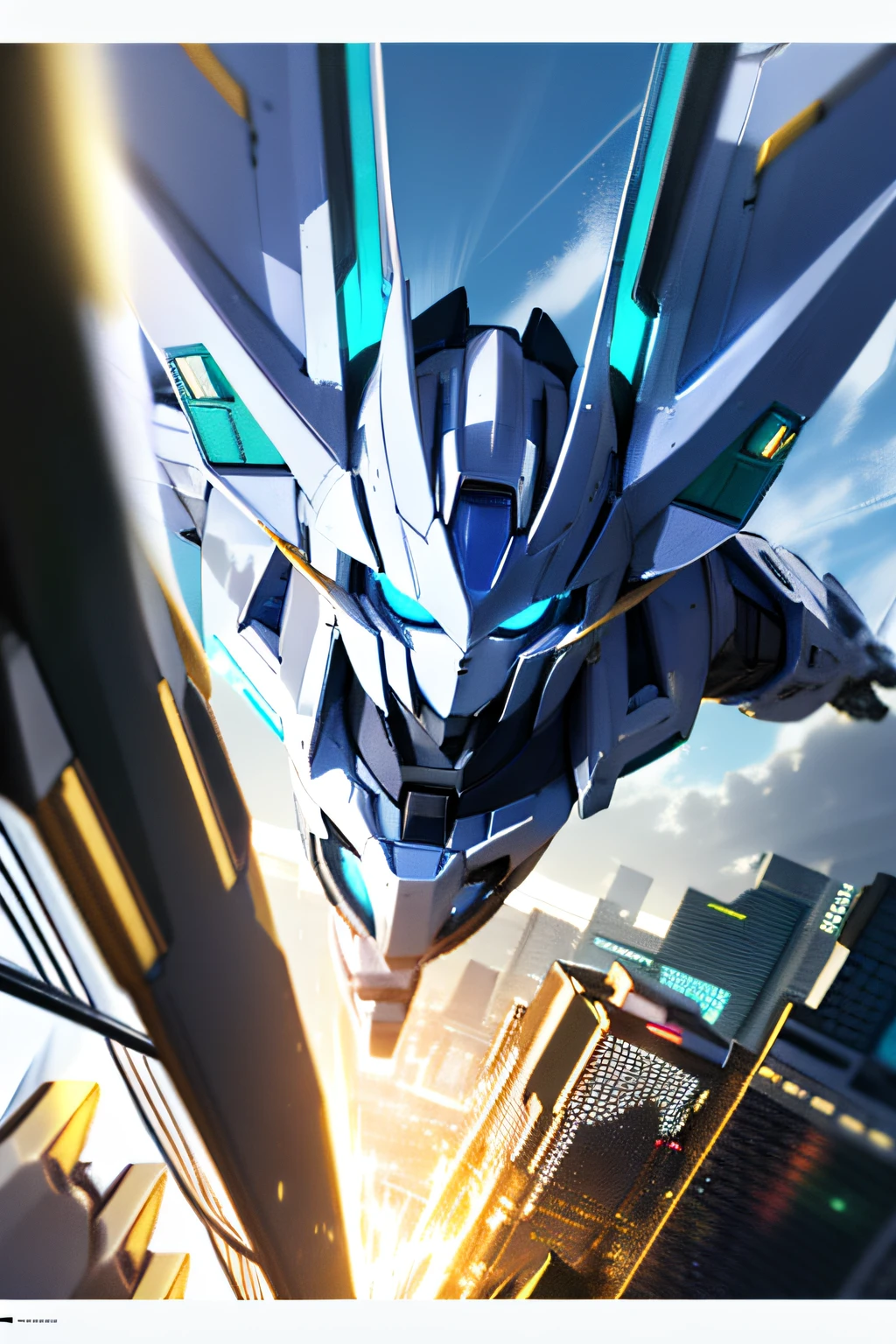 a robot, best quality,highly detailed, ultra-detailed, masterpiece, 8k wallpaper,white theme,blue eyes, bad anatomy, absurdres, highres, super fine illustration, absurdres,solo, game cg, (detailed beautiful face and eyes:1), command spell,robot joints, mechanical parts, robot joints,headgear,full armor,full body,glowing eyes,mecha,city,lord, night