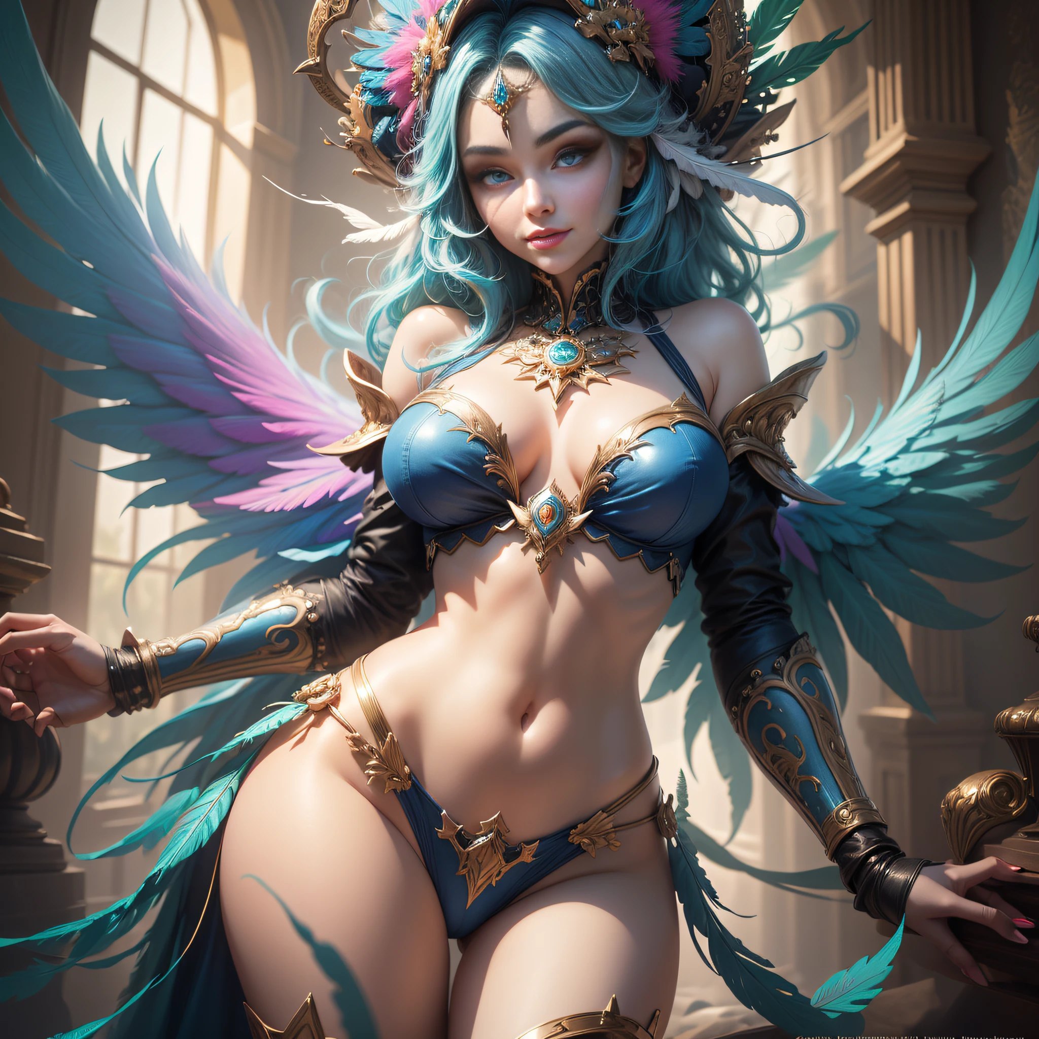Woman with blue hair and colorful feathers, colorful digital fantasy art, colorful digital art, fantasy art style, beautiful digital artwork, 4K highly detailed digital art, peeking breasts, big eyes, light smile, 8k, very fine face, delicate lips, delicate eyes, double eyelids, long and slender legs