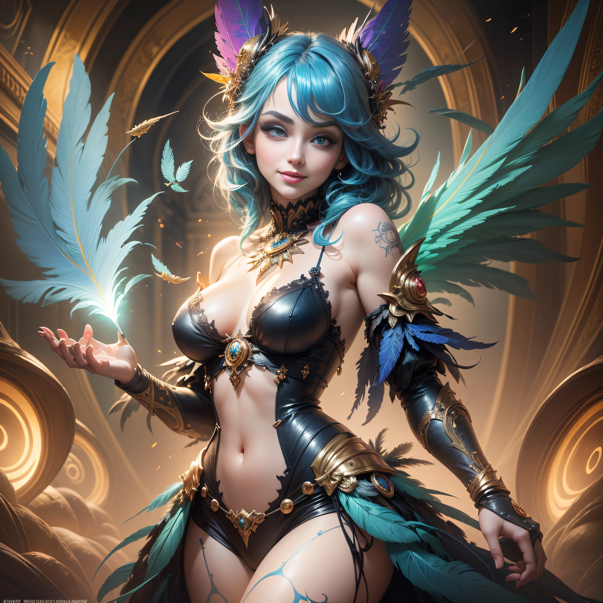 Woman with blue hair and colorful feathers, colorful digital fantasy art, colorful digital art, fantasy art style, beautiful digital artwork, 4K highly detailed digital art, peeking breasts, big eyes, light smile, 8k, very fine face, delicate lips, delicate eyes, double eyelids, long and slender legs