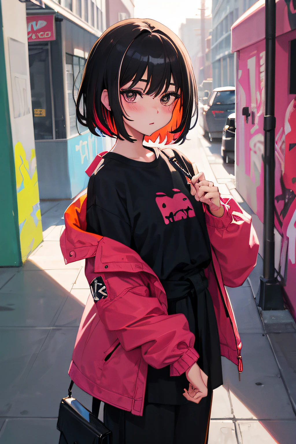 Original characters, volume lighting, best shadows, shallow depth of field, portrait of an amazingly beautiful girl, Delicate and beautiful attractive face with petite and seductive black eyes, messily painted face, black hair, red hair, multicolored hair, gradient hair, blush eyeshadow, dark eyelashes, oversized pop jacket, mini underbob T-shirt, Slim Waist, Graffiti Alley, Trash Can, Exterior Staircase, Outdoor Unit, Standing, (Best Quality, Amazing Detail: 1.25), (Solo: 1.3), Vibrant Colorful Painting