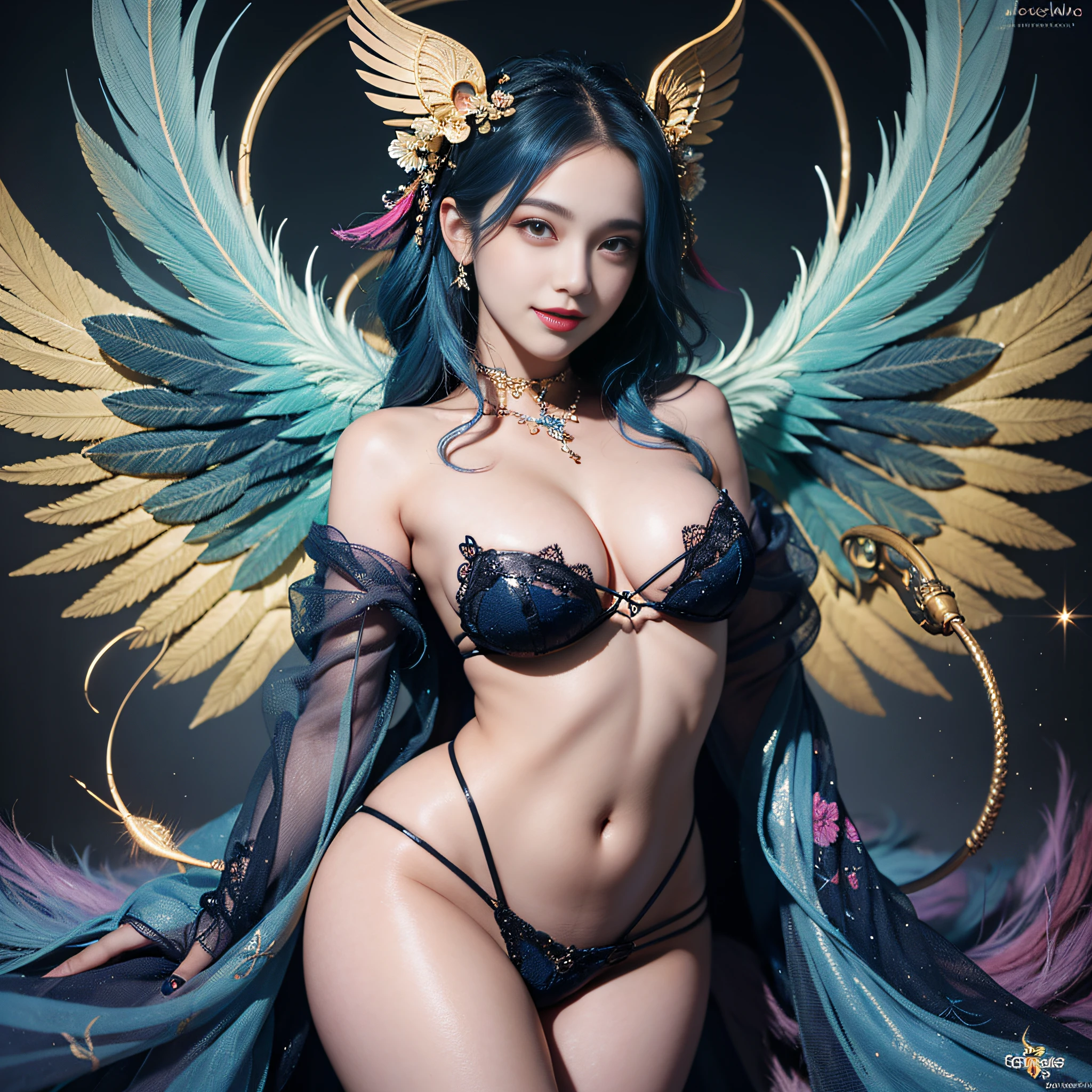Woman with blue hair and colorful feathers, colorful digital fantasy art, colorful digital art, fantasy art style, beautiful digital artwork, 4K highly detailed digital art, peeking breasts, big eyes, light smile, 8k, very fine face, delicate lips, delicate eyes, double eyelids, long and slender legs