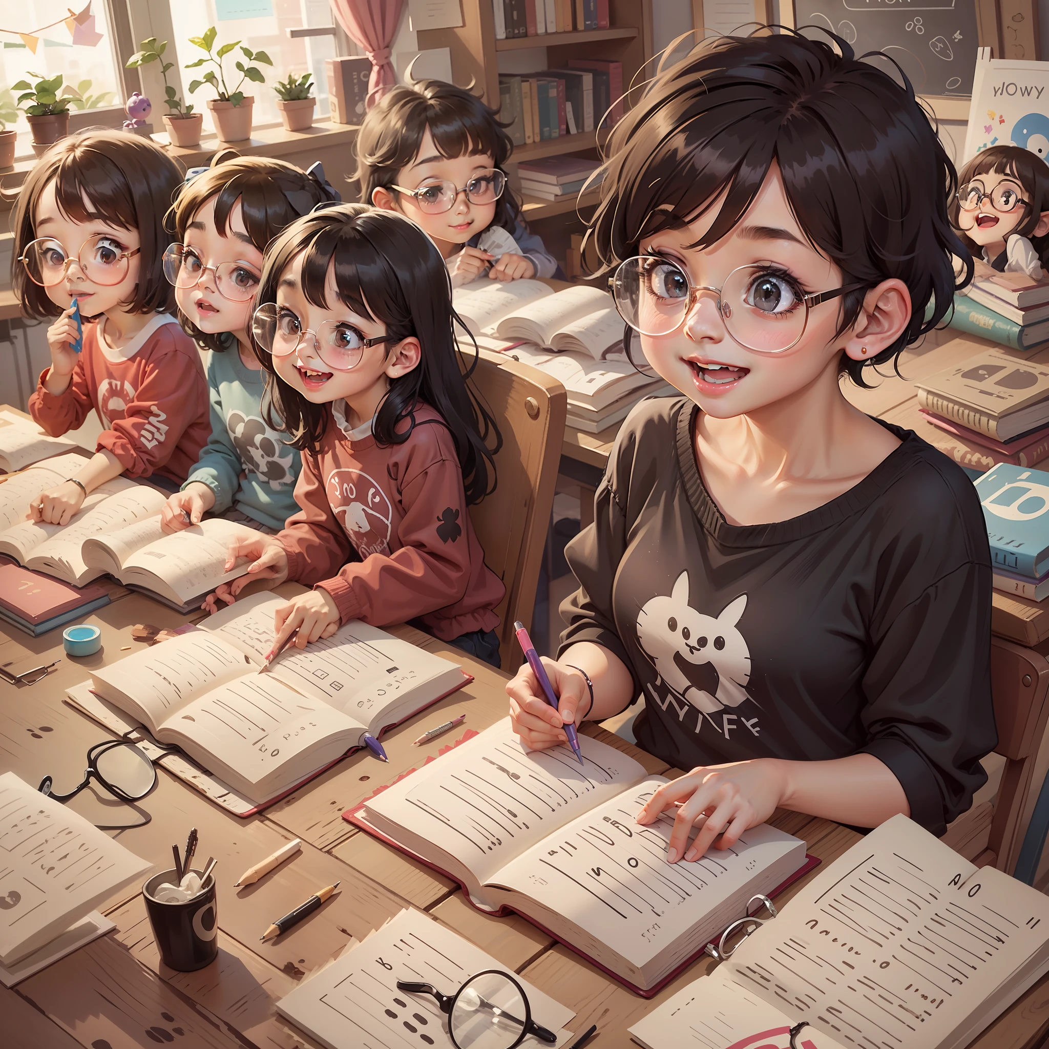 15-year-old girl, black hair, prescription glasses, appeared cheerful, ultra detailed, children's drawing, reading a book to several children