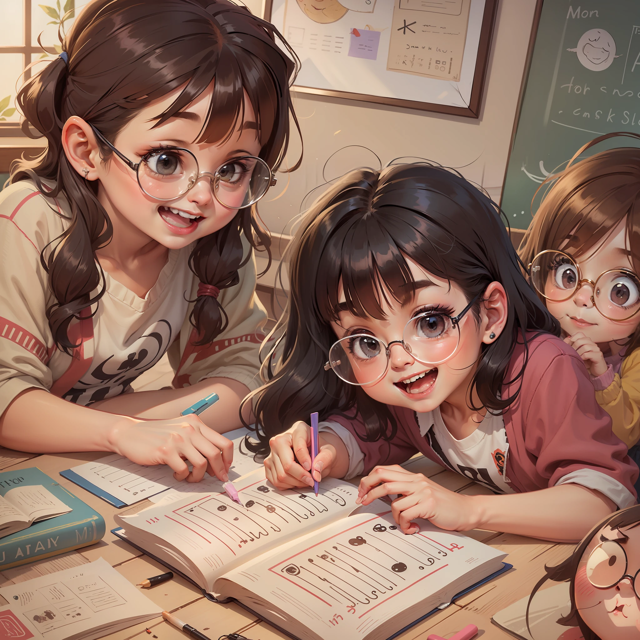 -yeld gi black hair, prescription glasses, appeared cheerful, ultra detailed, children's drawing, reading a book to several children
