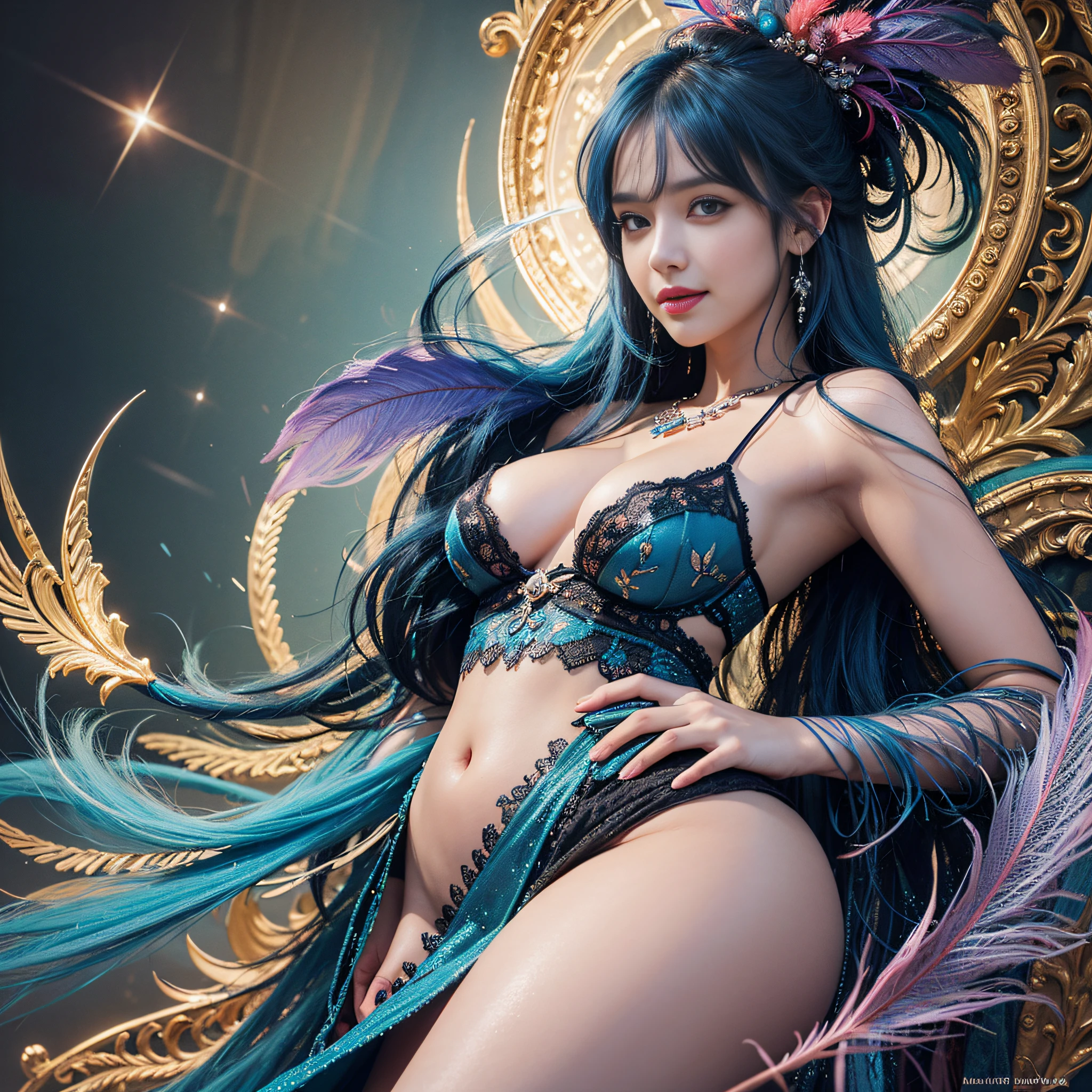 Woman with blue hair and colorful feathers, colorful digital fantasy art, colorful digital art, fantasy art style, beautiful digital artwork, 4K highly detailed digital art, peeking breasts, big eyes, light smile, 8k, very fine face, delicate lips, delicate eyes, double eyelids, long and slender legs