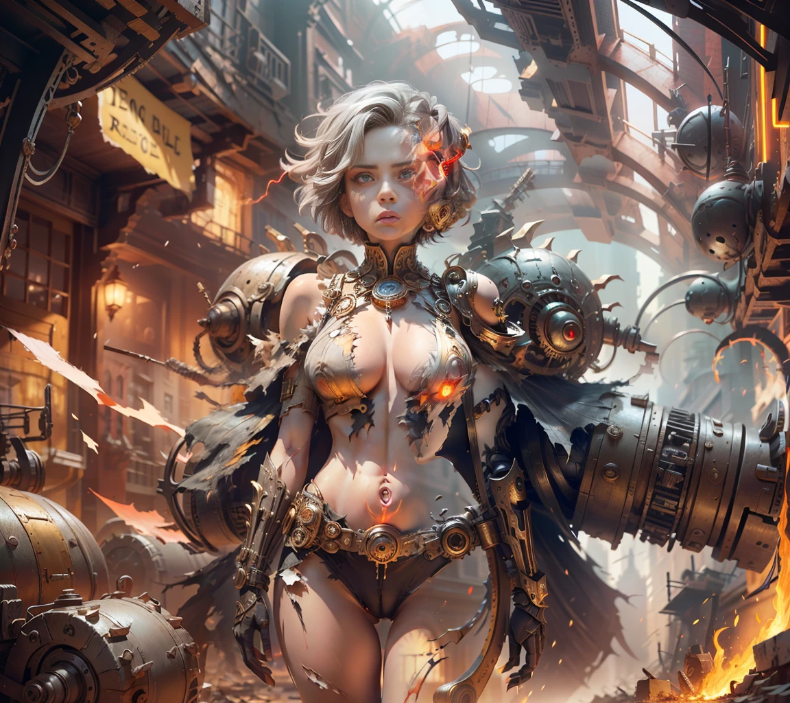 ((gray sky)), (best quality), (ultra-detailed color), battlefield, city ruins, ruins of buildings, damaged machinery, perfect composition, best elaboration, (golden ratio: 1.2), HDR, drama, cinema lighting, huge details, masterpiece, (realism: 1.4), absurdity, cinema lighting, (((1 woman))), ((((whole body))), (anatomically correct), short hair, ((torn clothes)), ((red glowing eyes)))) , broken headdresses, extremely detailed faces, fantasy sci-fi creatures, surrealism, steampunk, intricate design, extremely detailed, exquisite details, (((looking up at the lens)))), (((panorama))