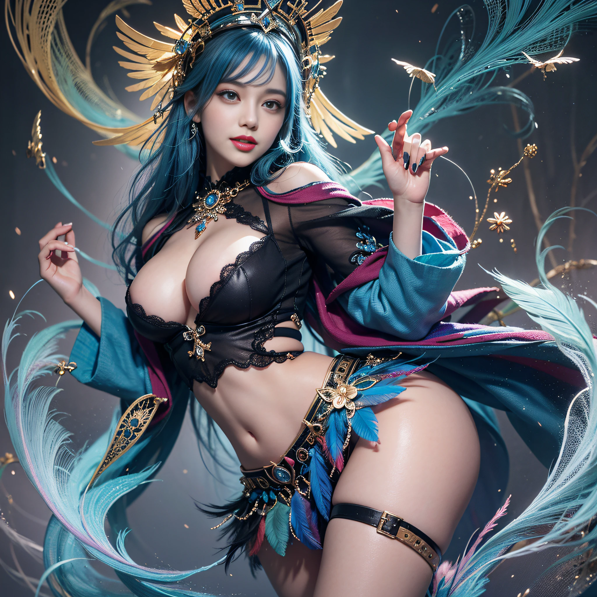 Woman with blue hair and colorful feathers, colorful digital fantasy art, colorful digital art, fantasy art style, beautiful digital artwork, 4K highly detailed digital art, peeking breasts, big eyes, light smile, 8k, very fine face, delicate lips, delicate eyes, double eyelids, long and slender legs
