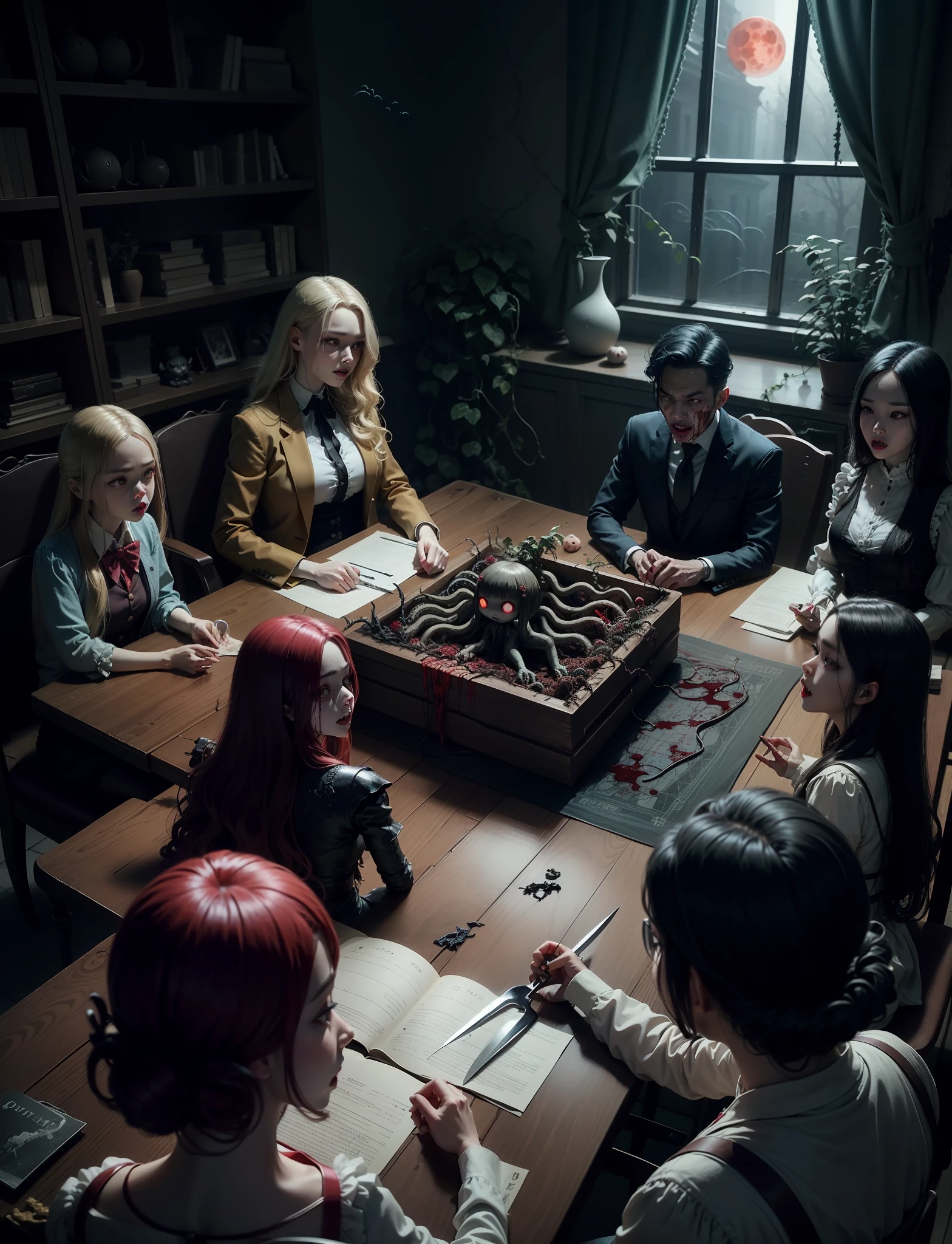 一幅非常详细的哑光画,Horror dolls from Haunted Castle on a plotting table full of knives,Horror, spooky, frightening, secret terror, tentacles, vines, eyes, uncanny valley effect teeth, limbs, animals,blood moon