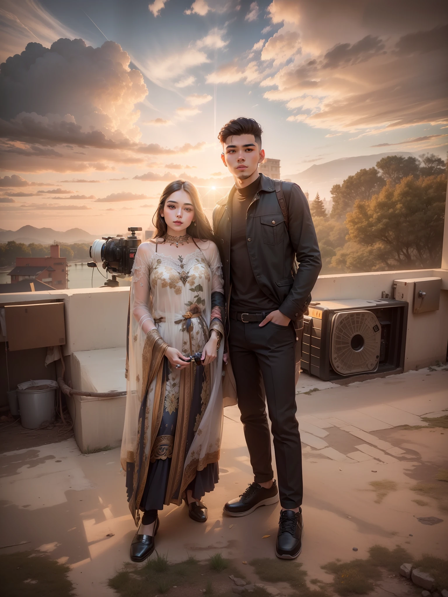 8k uhd, dslr,film grain, Fujifilm XT3,(best quality:1.3), (masterpiece:1.1), high resolution, cinematic light, intricate details, (photorealistic),outside, cute couple ( cute beautiful girl )(handsome boy with cool hairstyle)