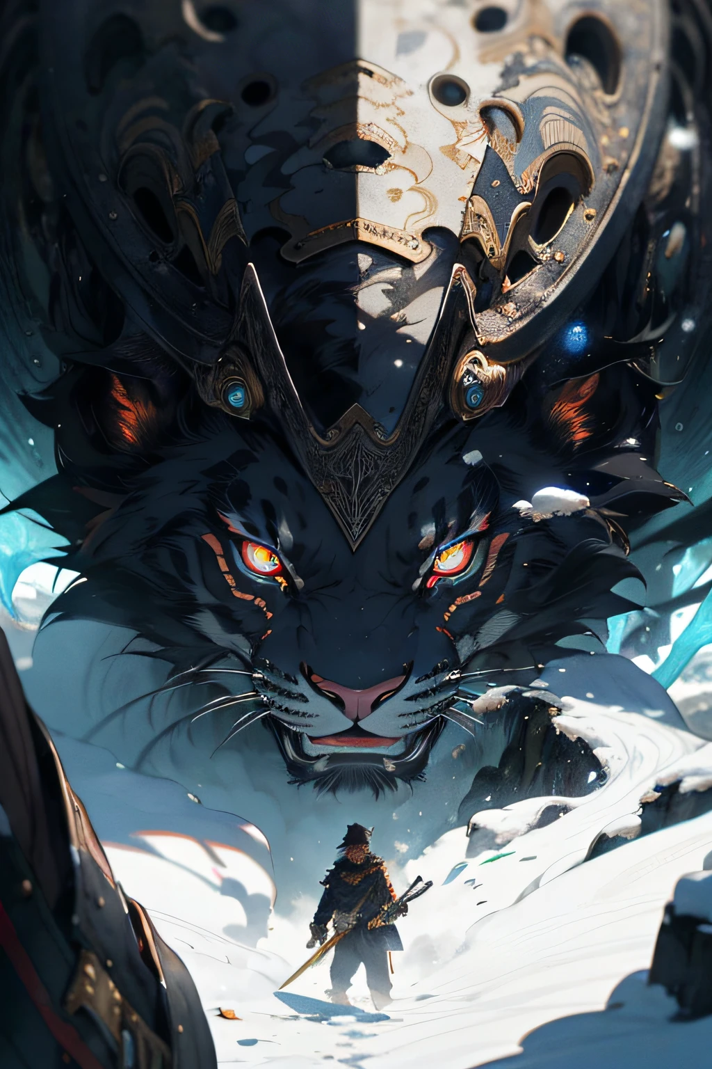 absurd, high resolution, super detailed, official art, unified 8k wallpaper, super detailed, beauty and aesthetics, master masterpiece, best quality, (zen entanglement, ice and snow, tangled, entangled), (fractal art: 1.3), photorealistic painting, (master masterpiece, top quality, best quality, official art, beauty and aesthetics: 1.2), very detailed, fractal art, variegated, most details, zentangle, (abstract background: 1.5), gods, long black hair, handsome man, white skin, black robe, greatsword, (red glowing eyes), magic,