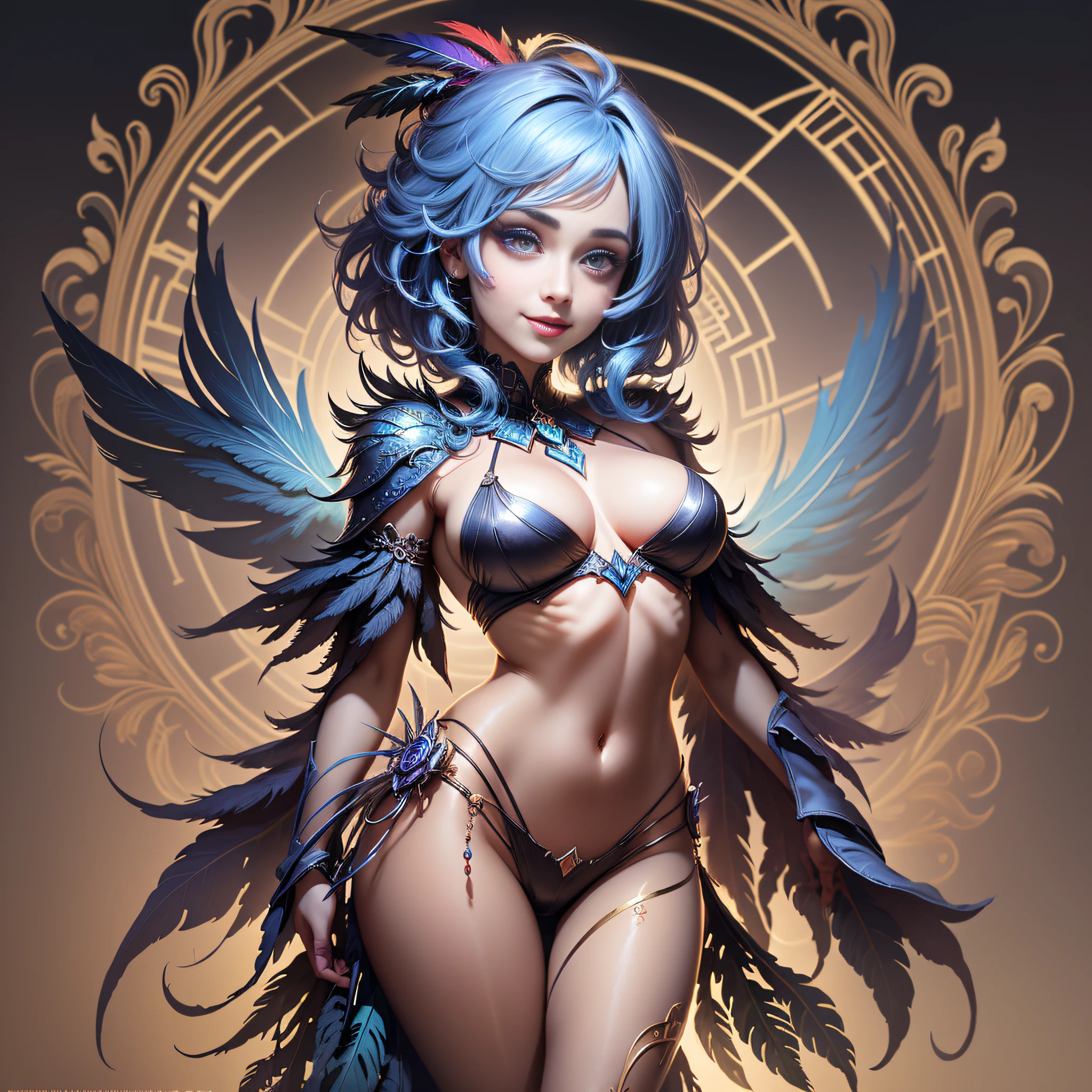 Woman with blue hair and colorful feathers, colorful digital fantasy art, colorful digital art, fantasy art style, beautiful digital artwork, 4K highly detailed digital art, peeking breasts, big eyes, light smile, 8k, very fine face, delicate lips, delicate eyes, double eyelids, long and slender legs