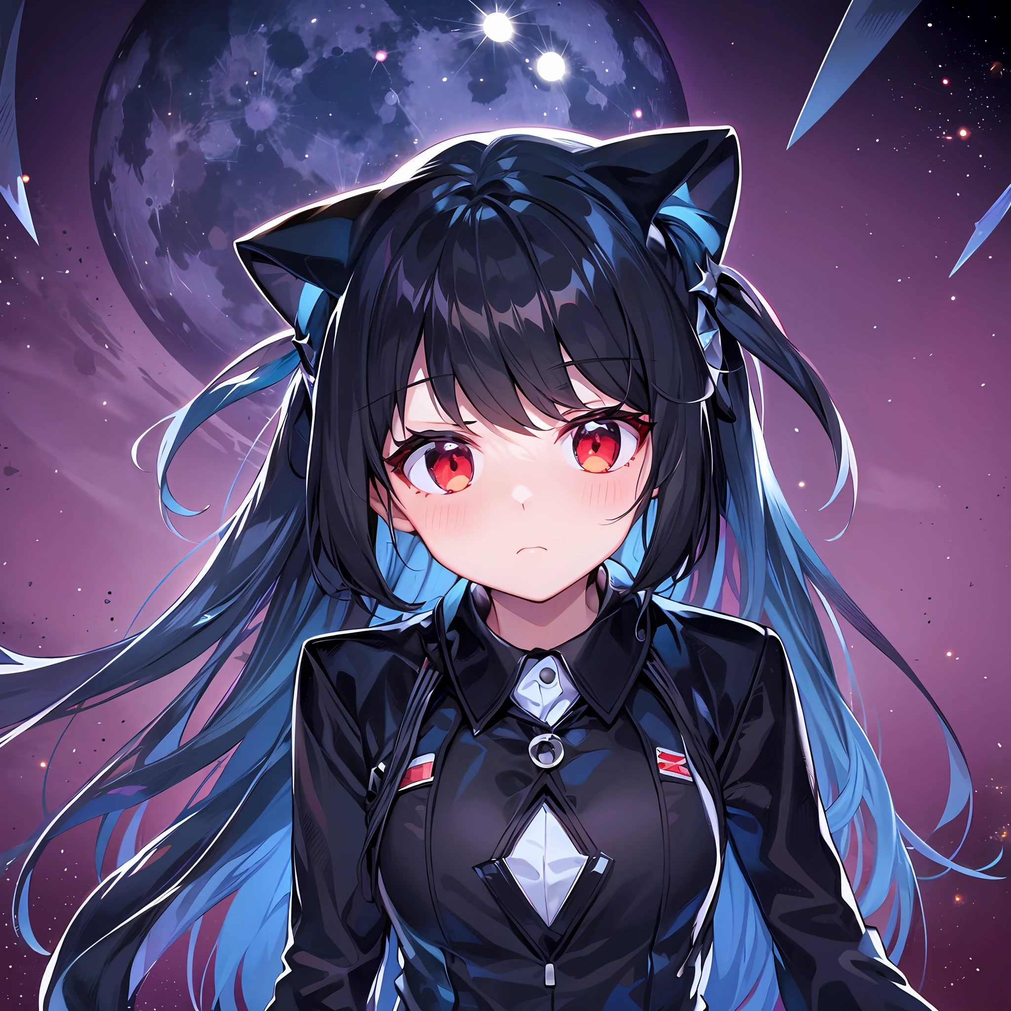 Black hair, big moon, red eyes, space backdrop, sad face, black school uniform
