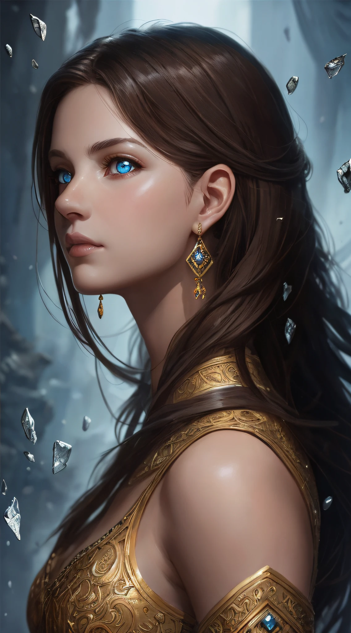 Illustration of warrior princess, 8k of a beautiful brown hair, intricate, elegant clothes, highly detailed, majestic, digital photography, art by artgerm and ruan jia and greg rutkowski surreal painting, broken glass (masterpiece, side lighting, beautiful finely detailed blue eyes: 1.2 ), hdr, --auto
