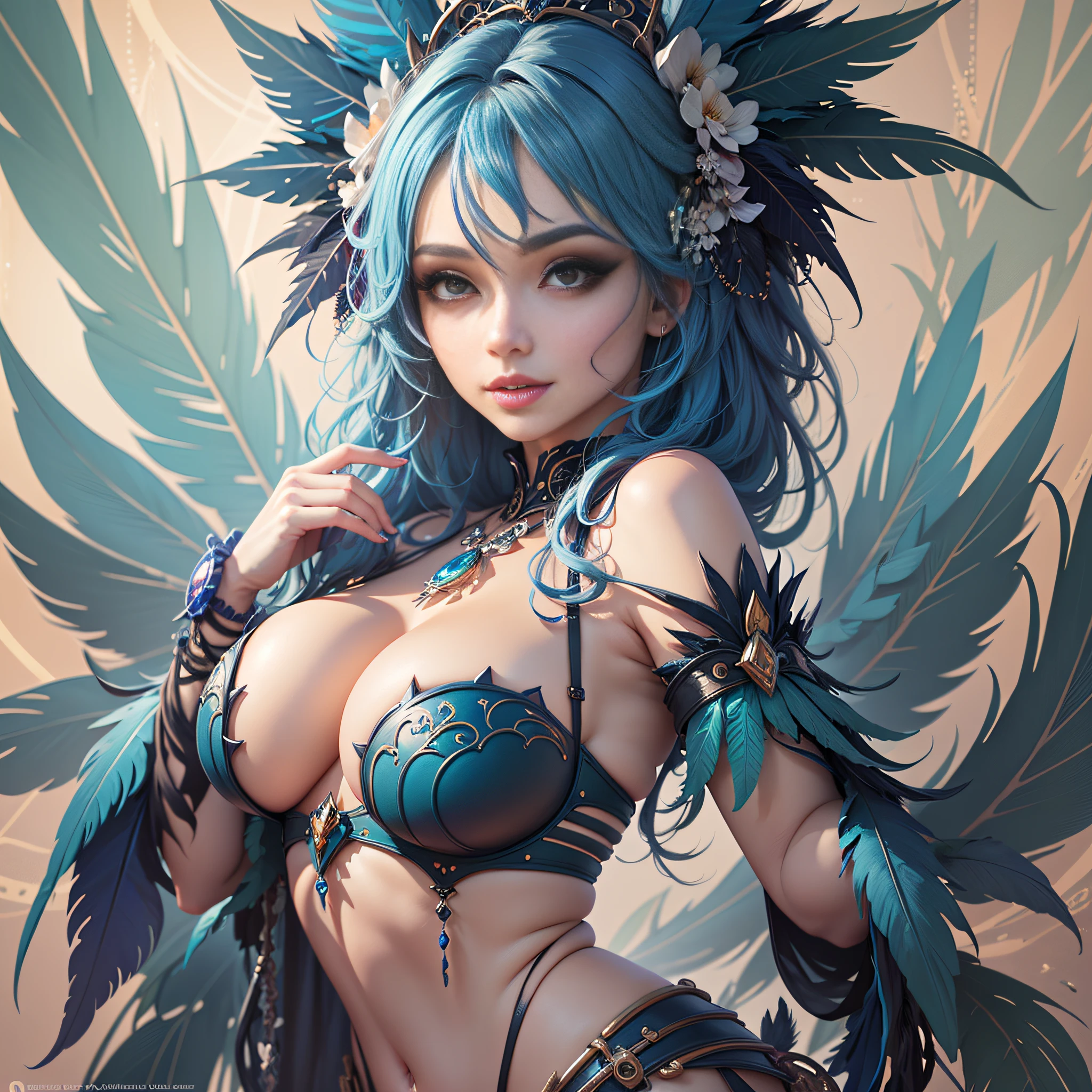 Woman with blue hair and colorful feathers, colorful digital fantasy art, colorful digital art, fantasy art style, beautiful digital artwork, 4K highly detailed digital art, peeking breasts, big eyes, light smile, 8k, very fine face, delicate lips, delicate eyes, double eyelids, long and slender legs