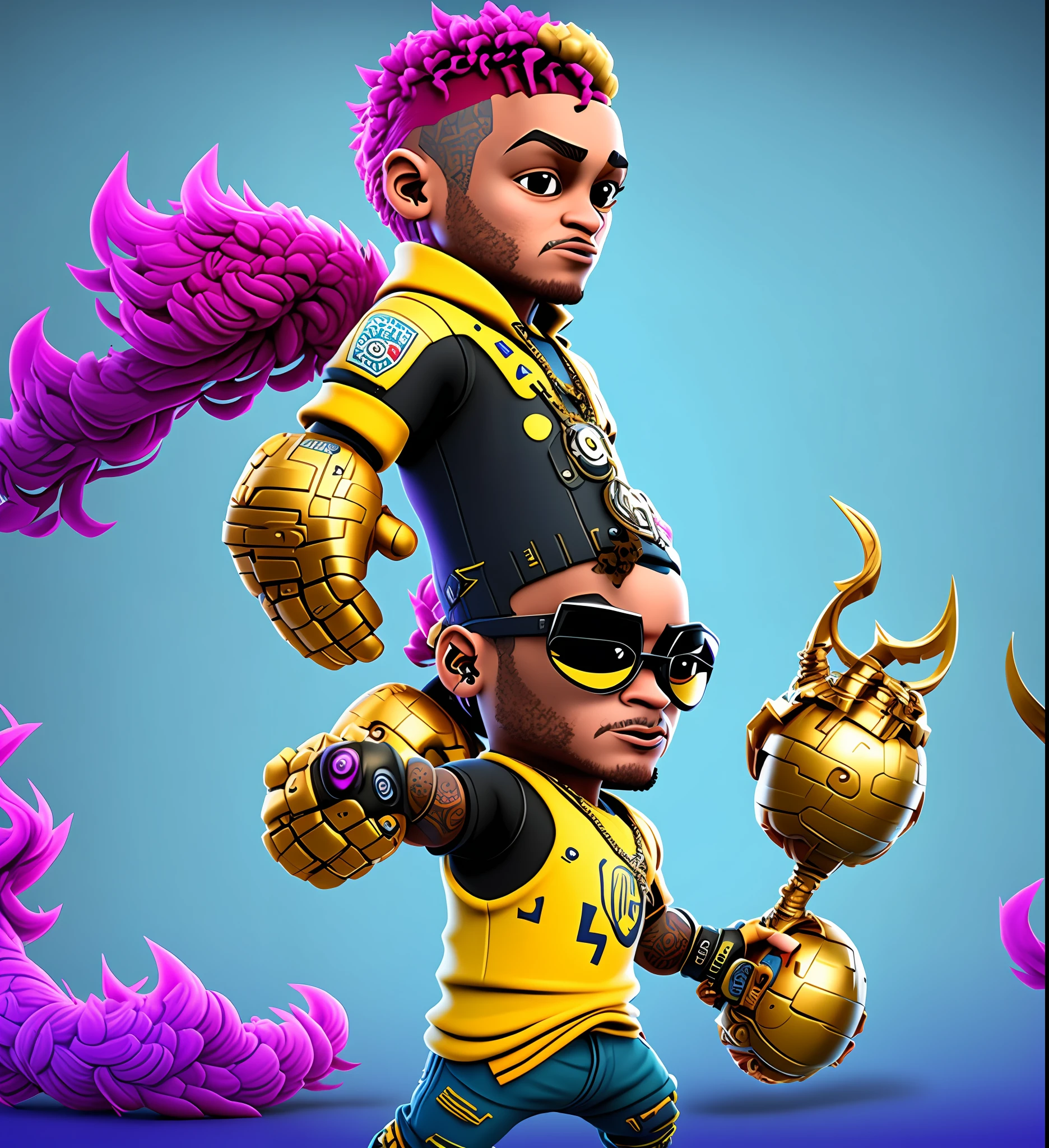 A cartoon character with a mohawk and a purple background, Neymar in Fortnite, , Dracos, 3D Characters, Matthew 9 5, Animated character, Cartoon character, Rotoscope, 3D character, 3D character, Like a Fortnite character, 🚀🚀🚀 Small character. unreal engine 5, youtube thumbnail, cute cartoon character, by Jacob Pynas