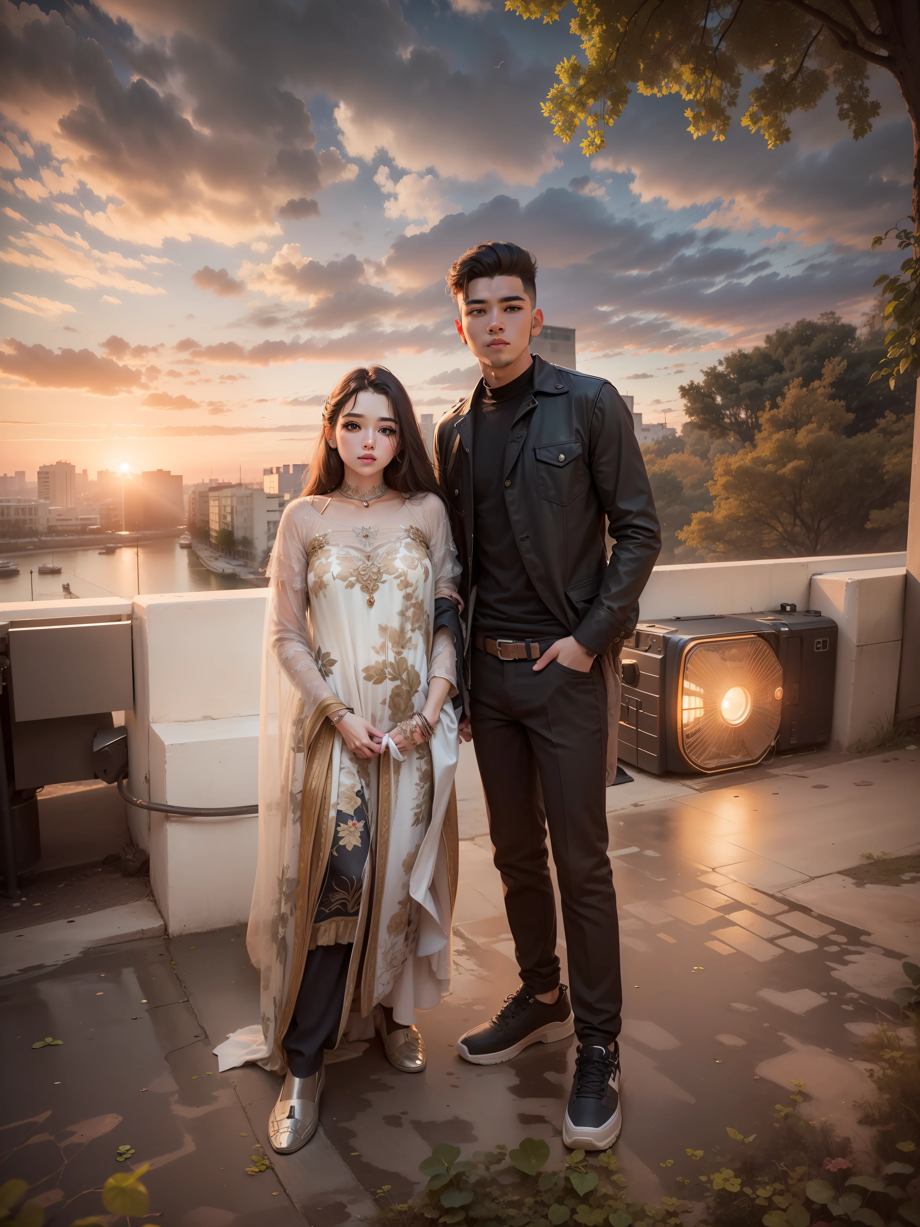 8k uhd, dslr,film grain, Fujifilm XT3,(best quality:1.3), (masterpiece:1.1), high resolution, cinematic light, intricate details, (photorealistic),outside, cute couple ( cute beautiful girl )(handsome boy with cool hairstyle)