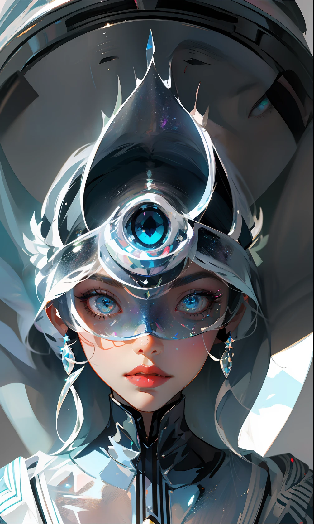 The perfect masterpiece,Highest quality,Perfect artwork,8K,
Upper Body Lens,(front portrait:1.5),Delicate face,Face Close-up,
Mermaid Girl,Bizarre glowing transparent eyes,Magical transparent eyes,Star Eyes,white hair,Holographic Phantom Background,
Digital Art,plane illustrations,colorful illustration,minimalist style,