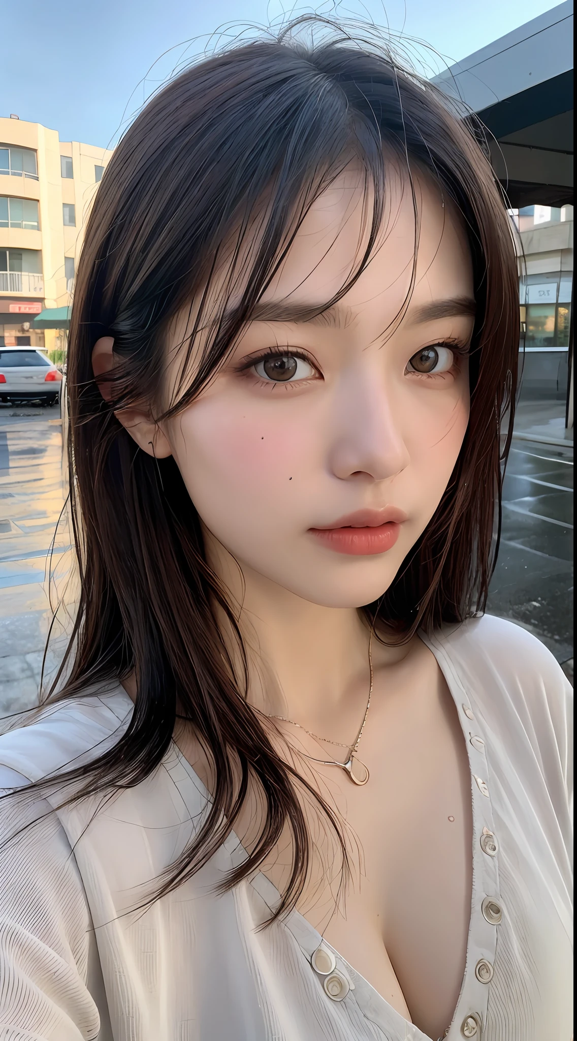 ((Best Quality, 8K, : 1.3)), Sharp, Aspect, Highly Detailed Face, Eyes, Double Eyelids, View Camera, Aspect, Sharp, Aspect, Perfect Body Beauty: 1.4, Slim Abs: 1.2, ((Layered Hairstyles, Big: 1.2)), Long Shirt (Wet White Buttons: 1.1), (Rain, Street, Aspect, Rain, Street, Wet): 1.5, Highly Detailed Face and Skin Texture, Detailed Eyes, Double Eyelids, View Camera, Beautiful sea, sandy beach, bikini,