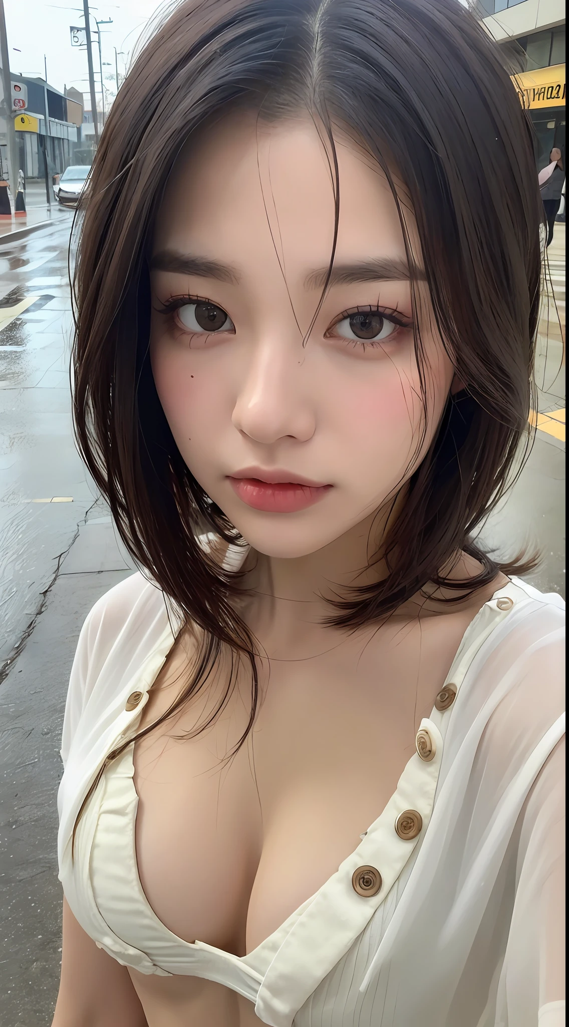 ((Best Quality, 8K, : 1.3)), Sharp, Aspect, Highly Detailed Face, Eyes, Double Eyelids, View Camera, Aspect, Sharp, Aspect, Perfect Body Beauty: 1.4, Slim Abs: 1.2, ((Layered Hairstyles, Big: 1.2)), Long Shirt (Wet White Buttons: 1.1), (Rain, Street, Aspect, Rain, Street, Wet): 1.5, Highly Detailed Face and Skin Texture, Detailed Eyes, Double Eyelids, View Camera, Beautiful sea, sandy beach, bikini,