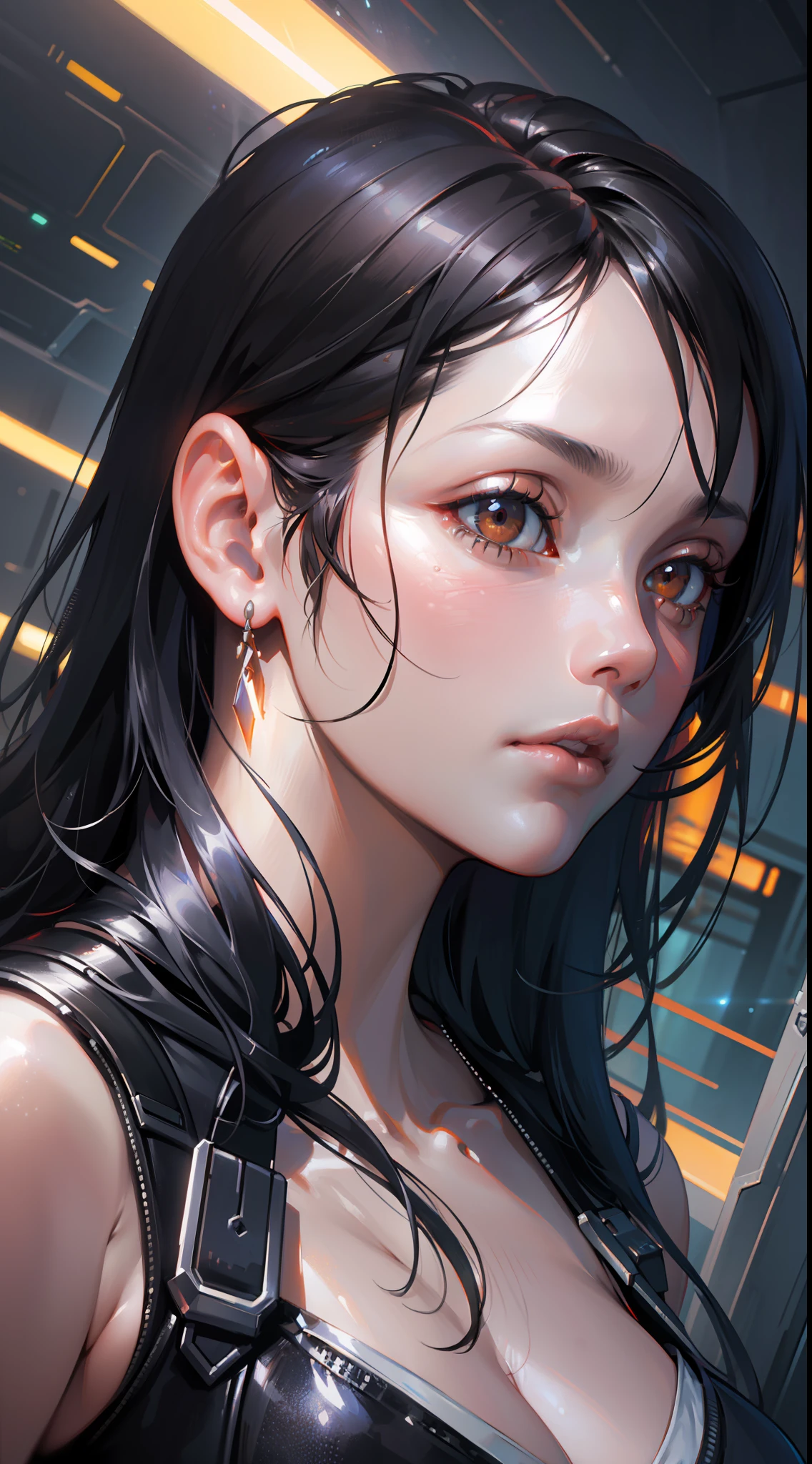 tifa ff7, oil on matte canvas, sharp details, the expanse scifi spacescape ceres colony, intricate, highly detailed, digital painting, rich color, smooth, sharp focus, illustration, Unreal Engine 5, 8K, art by artgerm and greg rutkowski and alphonse mucha