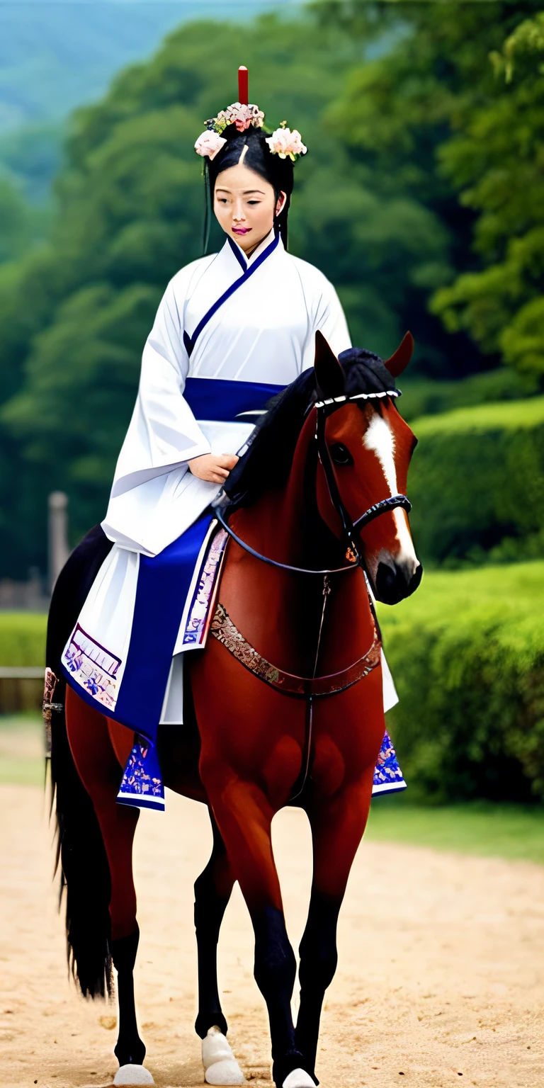 Ancient Chinese beauties riding on horses, Hanfu, whole body