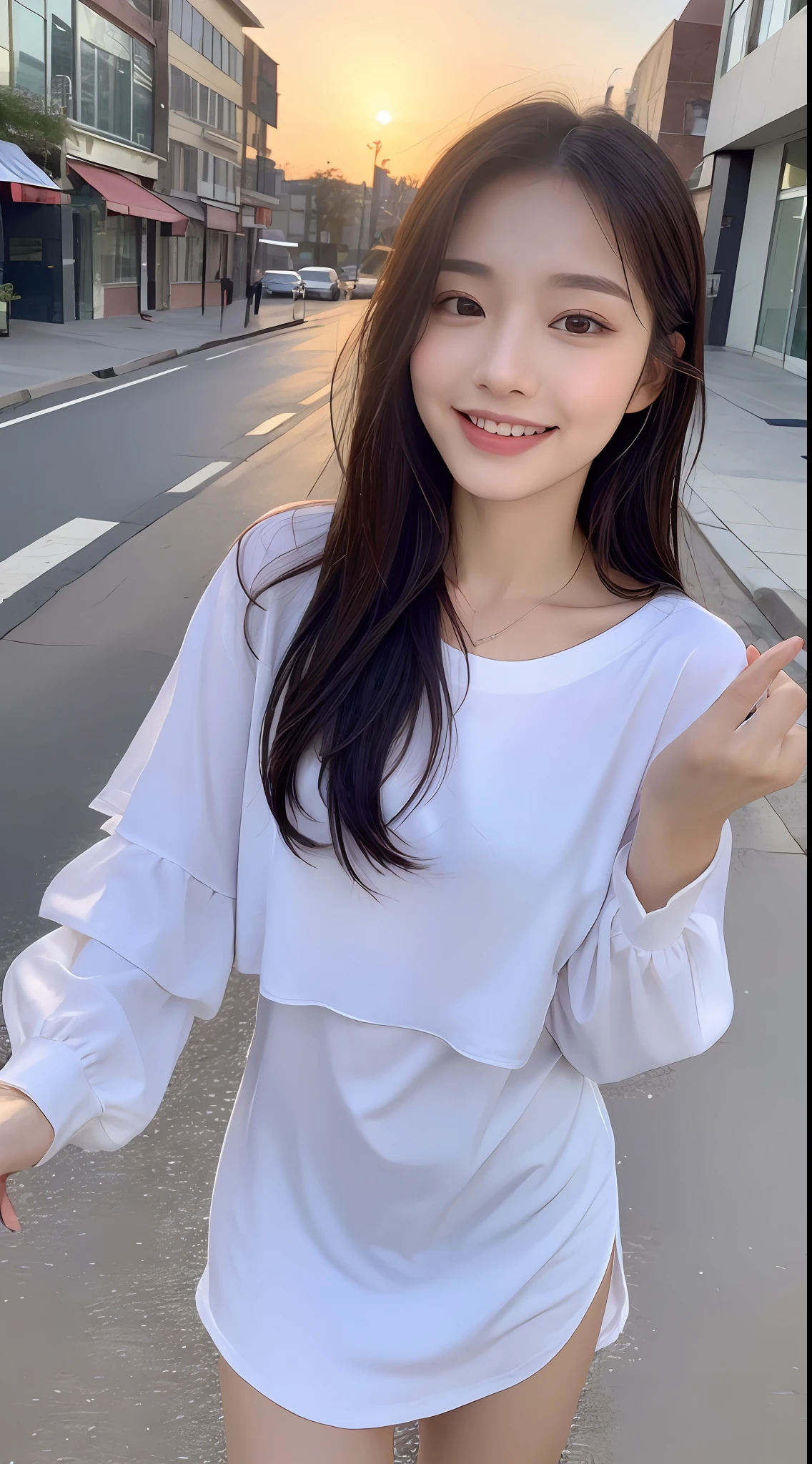 ((Top Quality, 8K, Masterpiece: 1.3)), Focus: 1.2, Perfect Beauty: 1.4, Butt: 1.2, ((Layered Hairstyle, Breasts: 1.2)), (Wet Clothes: 1.1), (Sunset, Street: 1.3), Halfway Dress: 1.1, Highly Detailed Face and Skin Texture, Narrow Eyes, Double Eyelids, Whitening Skin, Long Hair, (Shut Up: 1.3), Smile, Beauty Unreal