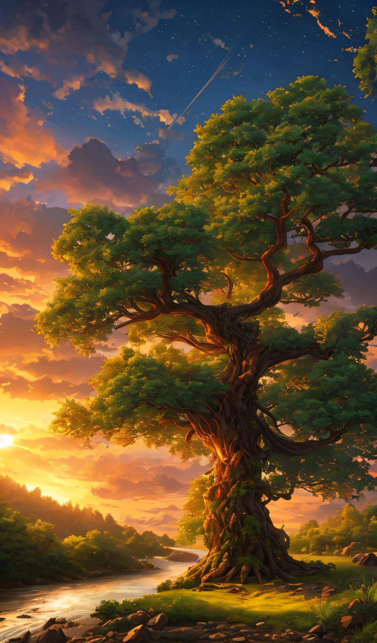 Full body of a tree, giant, very detailed and magical lighting, forest, vegetation and river around, solarpunk, landscape, sunset, fireflies --auto