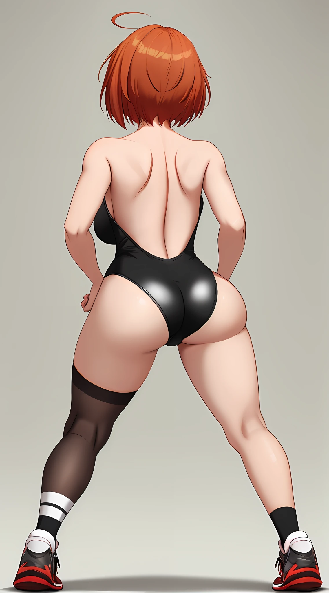 Female, redhead, short hair, messy, German, fit, skinny figure, breasts, butt, socks, sneakers, portrait, standing straight, back of view, looking at you, wearing leotard, jersey top over, biker short leggings,