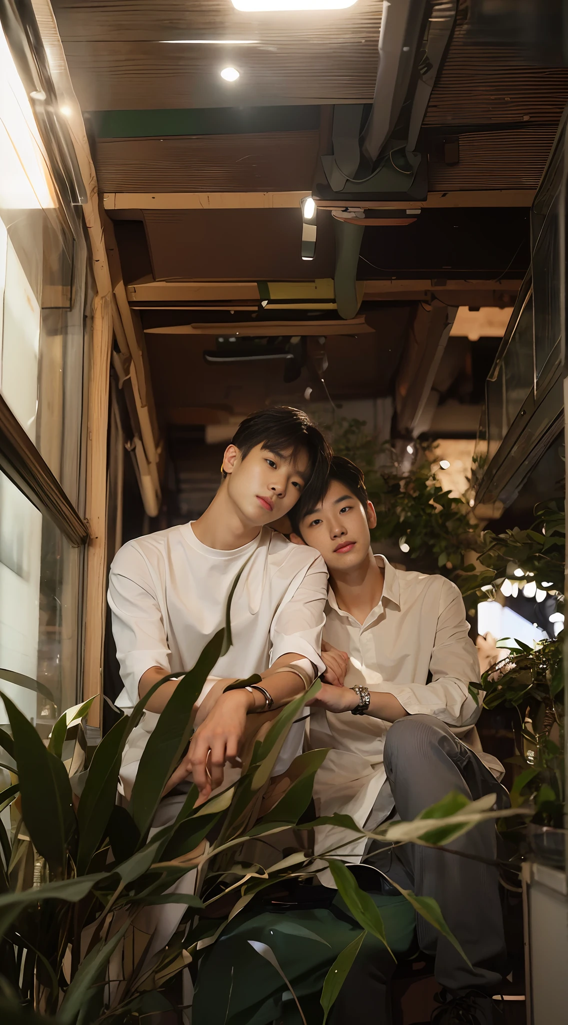 (Chinese Handsome: 1.5), Two Men Sitting Together, Green Theme, White Shirt, Business Elite, Realistic Details, Realistic Photos, Textured Skin, Looking at the Camera, 18 Year Old Boy, Studio, Model, Long Legs