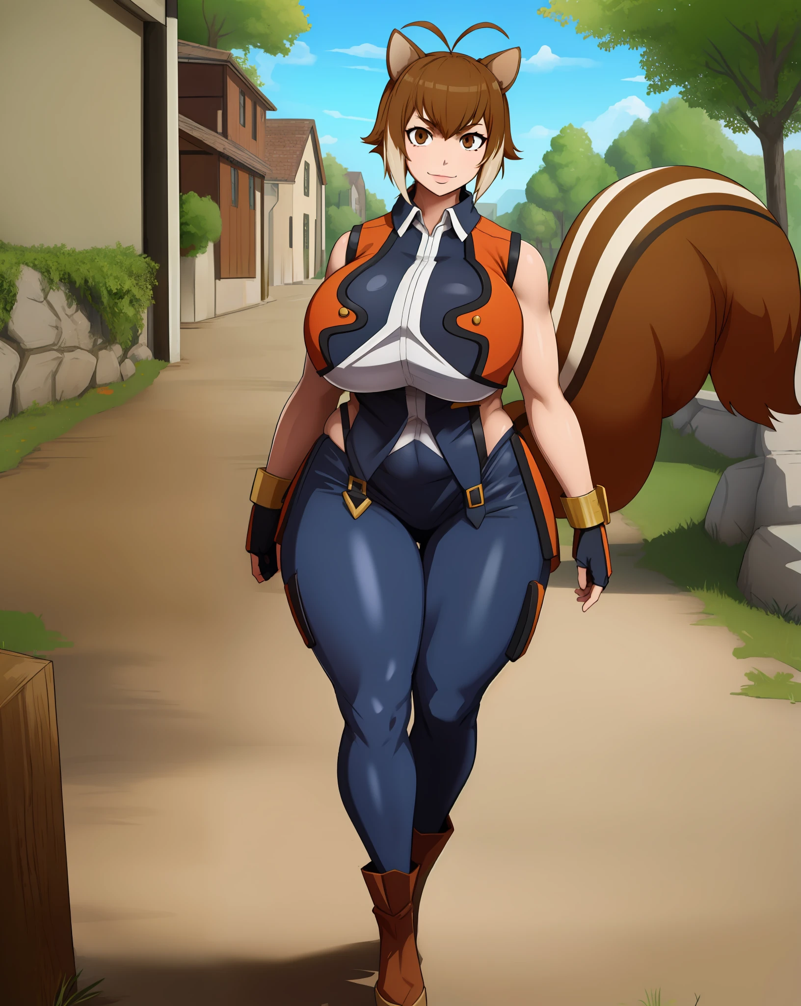 (masterpiece, best quality, high resolution), cowboy shot, 1girl, makotoms, animal ears, squirrel girl, squirrel tail, squirrel ears, antenna hair, tail, two-tone hair, brown eyes, gloves, high thigh thigh skirt, , kimono, jacket,, coat,, pants, portrait, full body,medieval village,, forest, , smile, lightsgauntlet, holy light hand,, pantyhose,medium breast, curvy