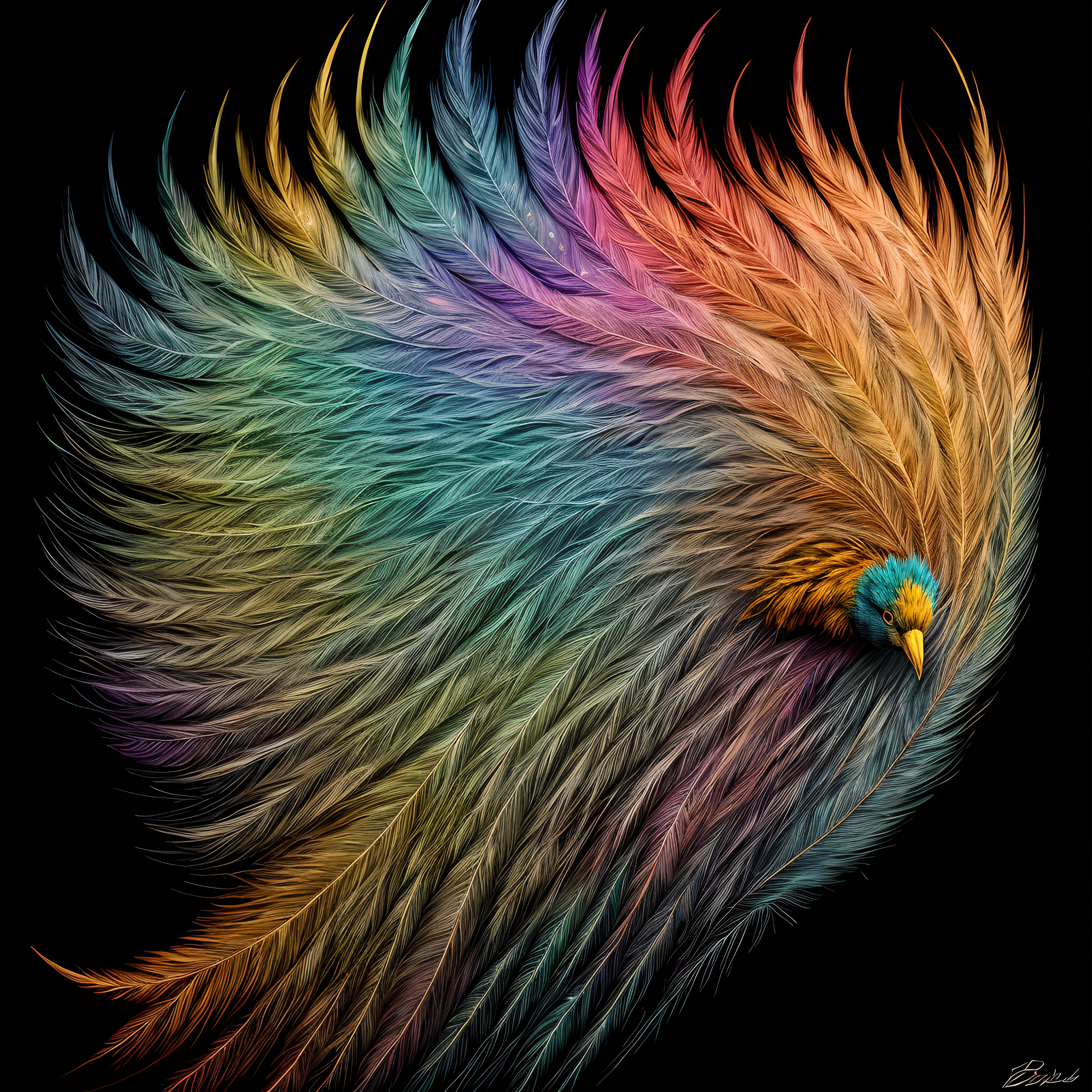 side view of fractal colorfully fantasy bird, tint feathers, dreamlike, glitters, soft lighting, hyperdetailed, concept art, digital painting, fantasy, flowers, epic, intricate details, sharp focus, trending on artstation, by Bella, oversaturated, rainbow sparkles on background