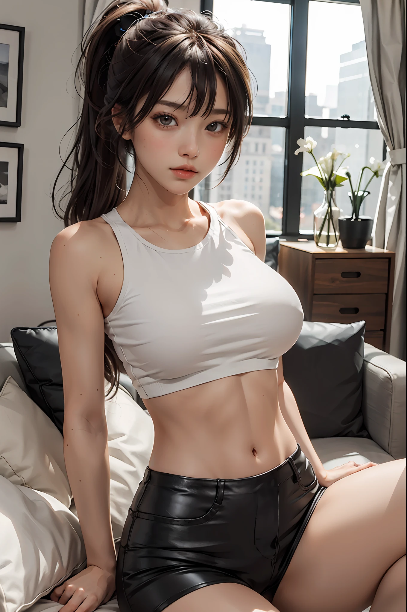 Photo of a young girl, bangs, skinny leather shorts, beautiful, breasts squeezed together with oversized breasts (1.5) detailed luxury living room background, hair between eyes, ponytail, oval face, double eyelids, parted lips, brown eyes, tight yoga clothes, light brown hair, (shiny skin: 0.8), (masterpiece: 1.4), (best quality: 1.4), natural, , Facigirl, perfect abs